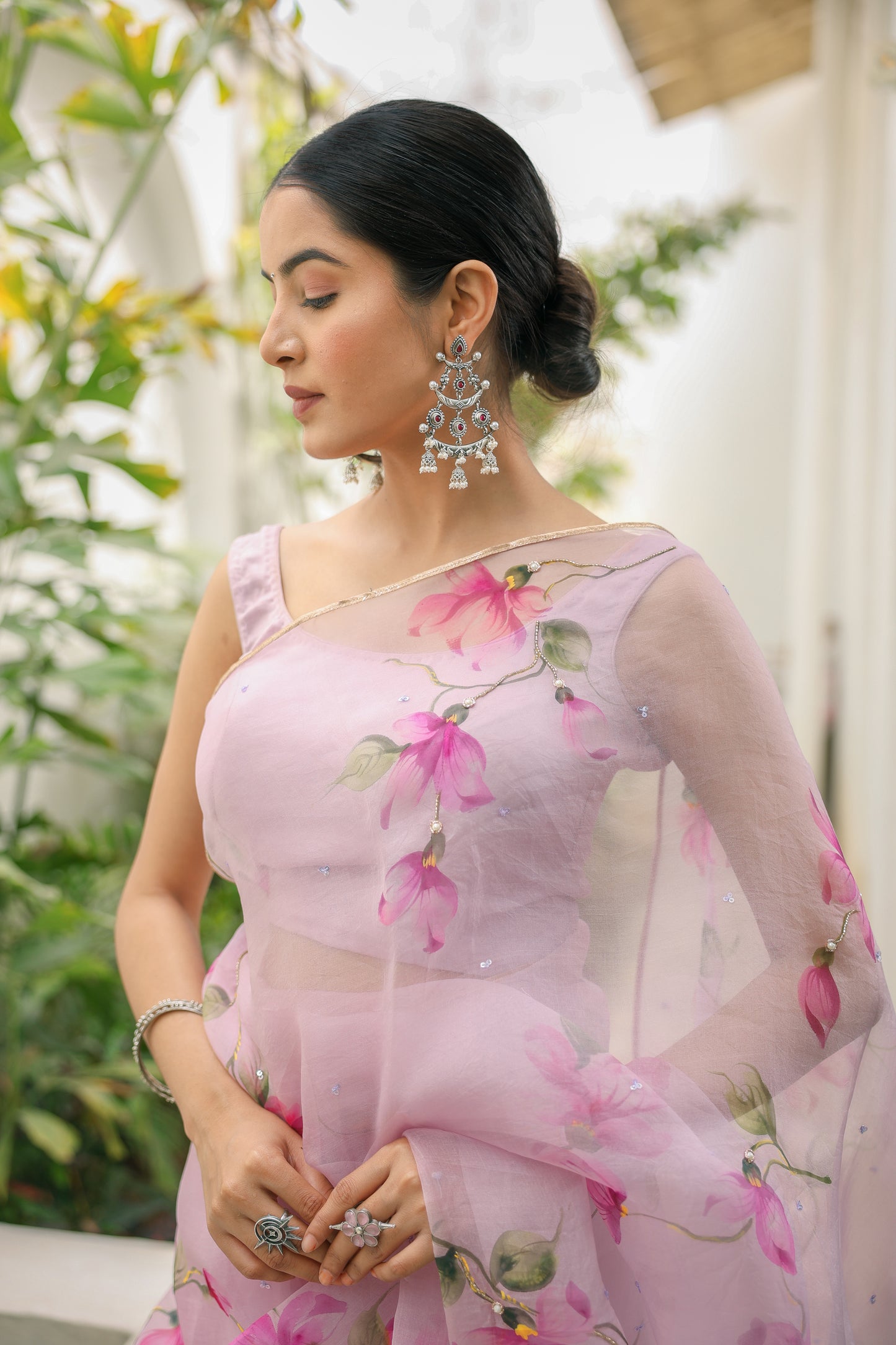 Hand-painted pastel mauve floral silk organza saree