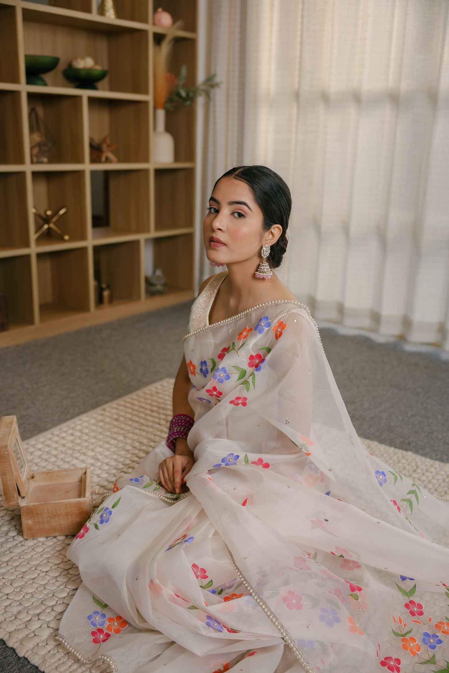 Hand-painted White Floral Pure Silk Organza Saree