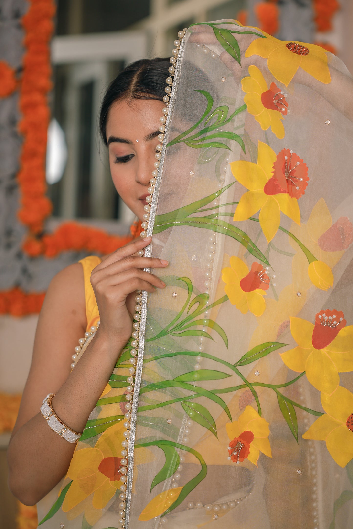 Hand-Painted Ivory Daffodil Silk Organza Saree