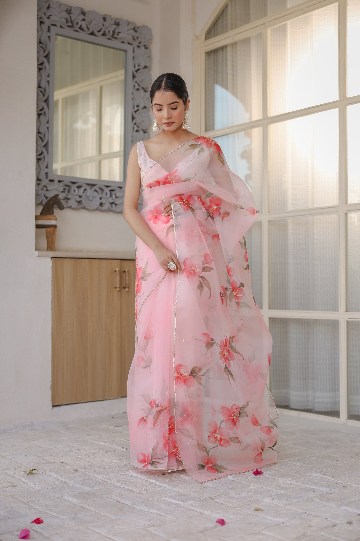 Hand-painted powder pink floral silk organza saree