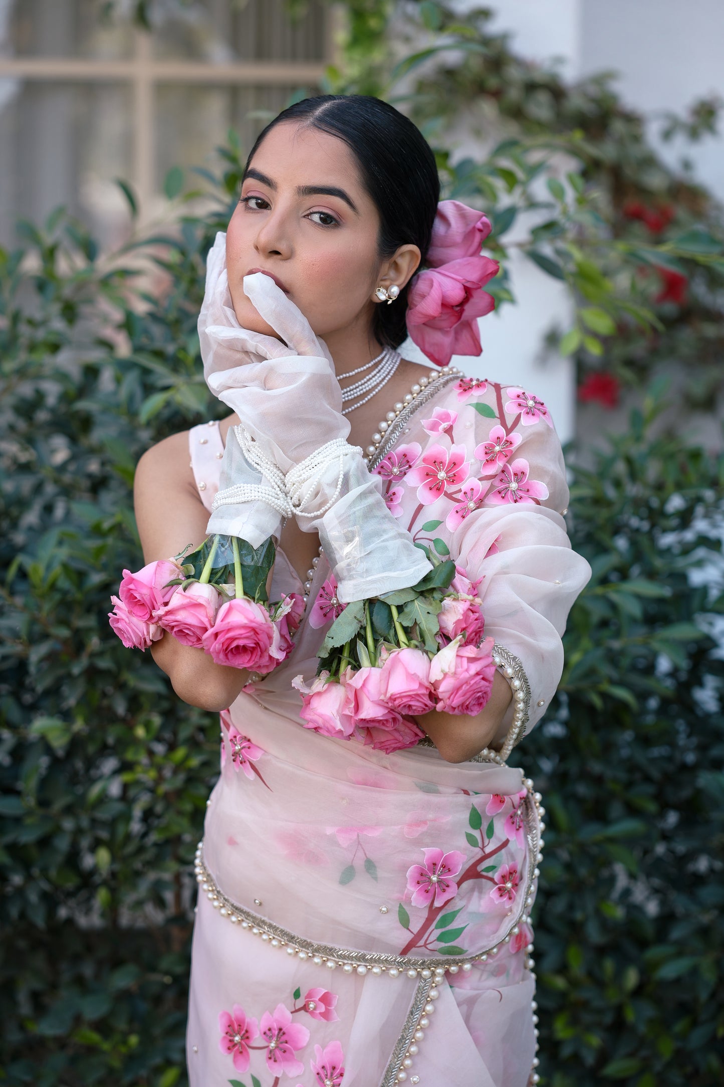 Hand-Painted Powder Pink Noor Silk Organza Saree