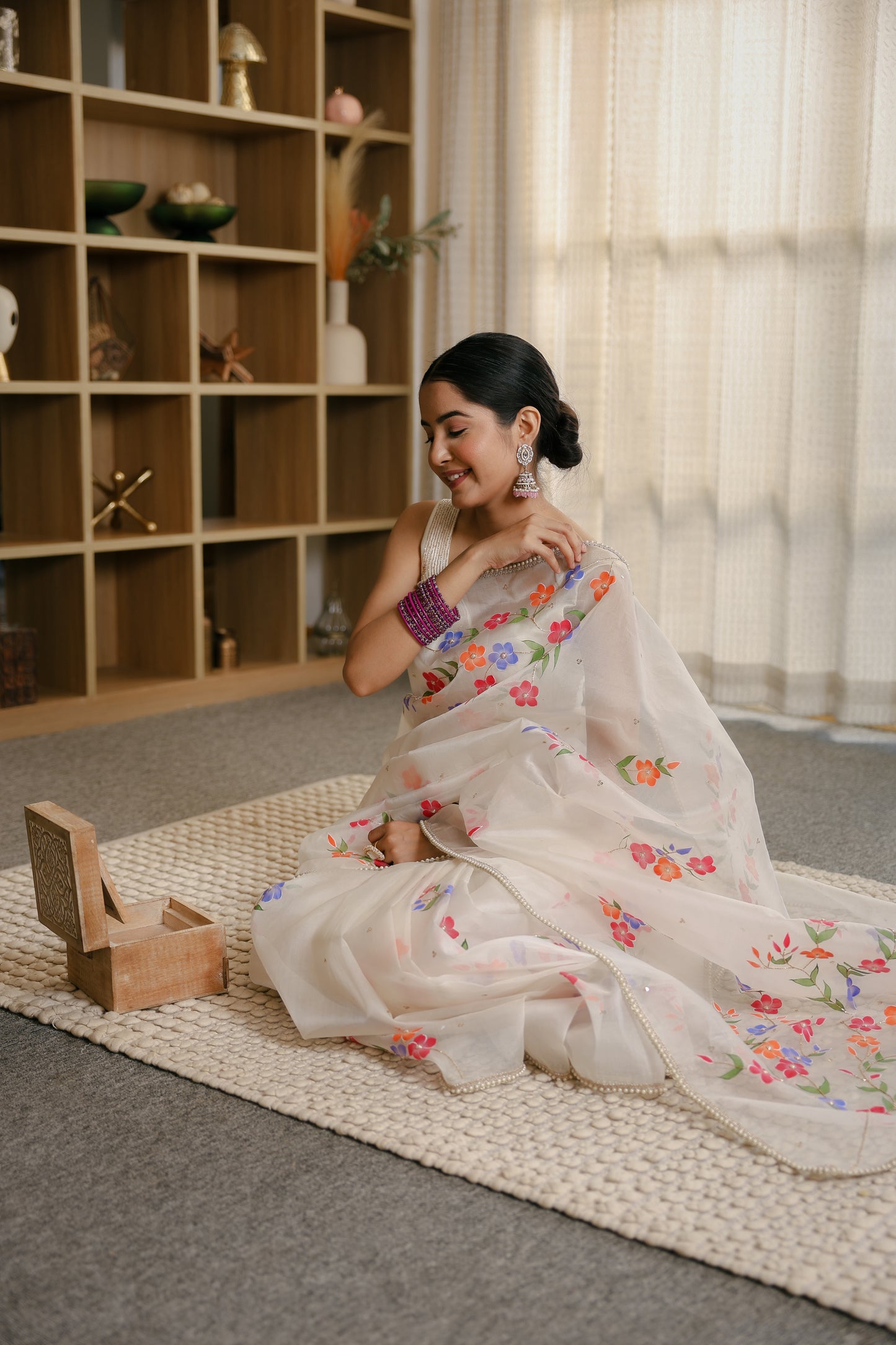 Hand-painted White Floral Pure Silk Organza Saree