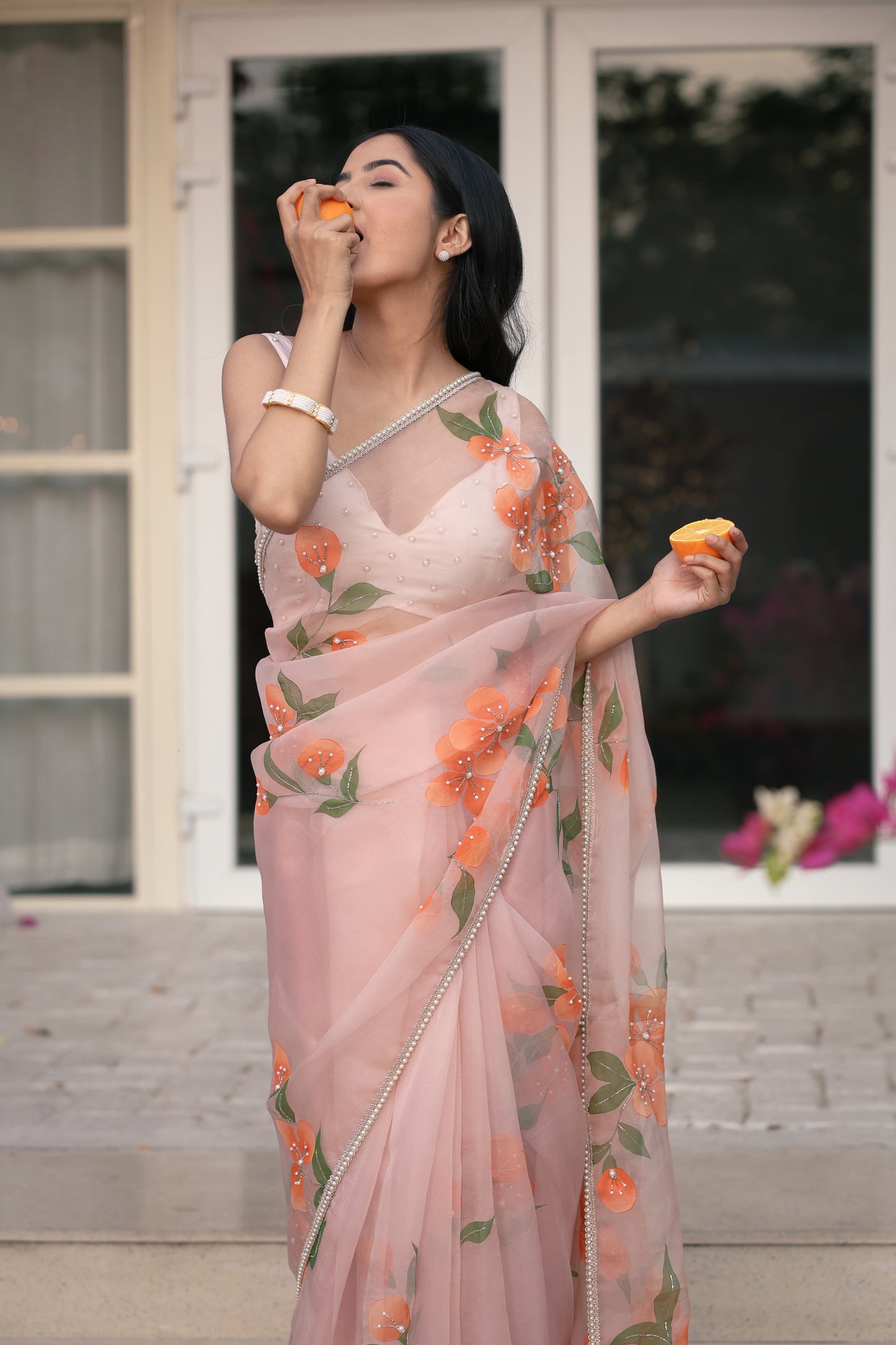 Hand-Painted Pastel Peach Floral Silk Organza Saree