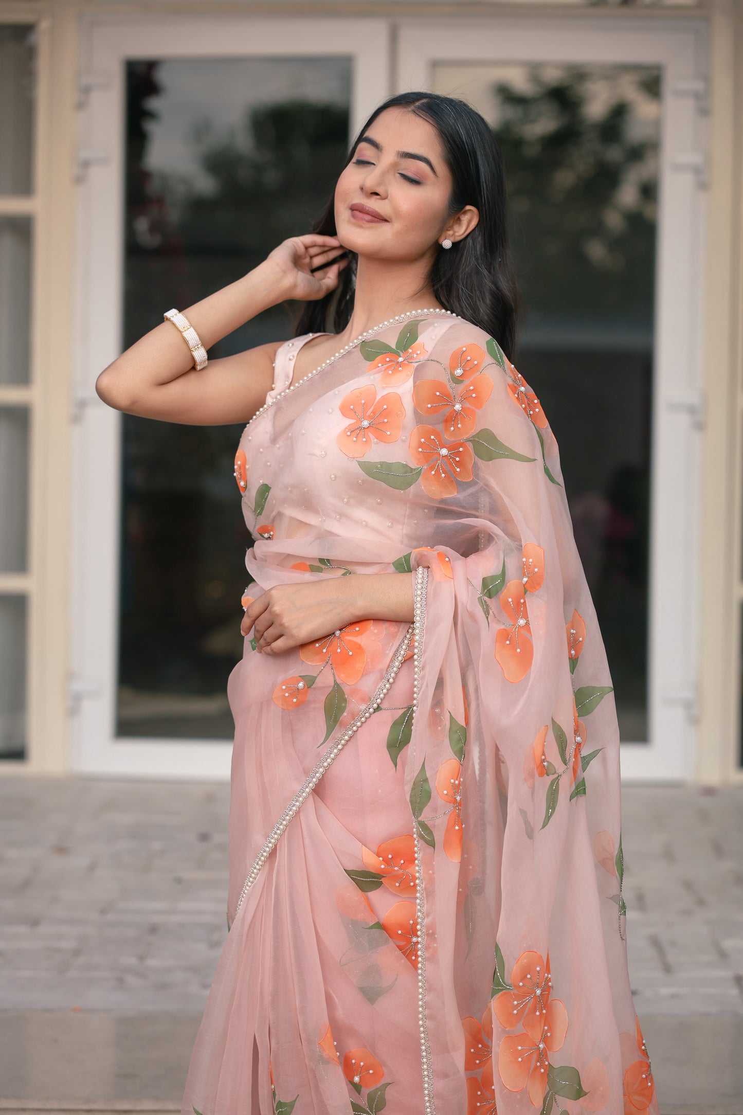 Hand-Painted Pastel Peach Floral Silk Organza Saree
