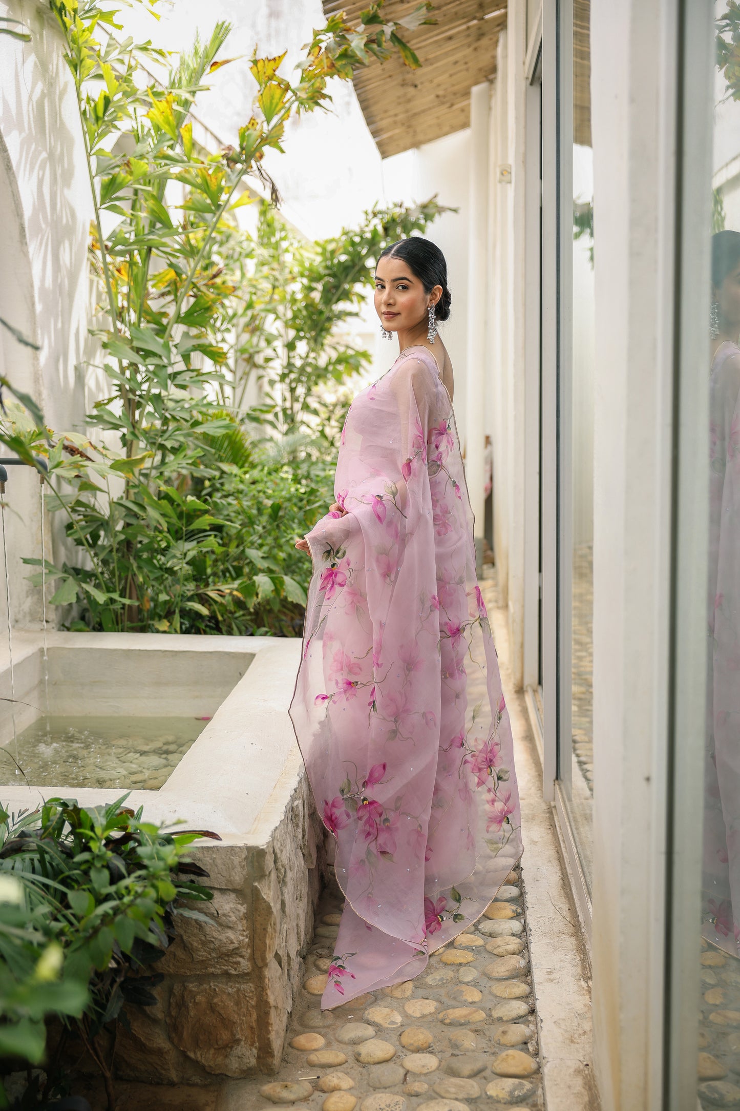 Hand-painted pastel mauve floral silk organza saree