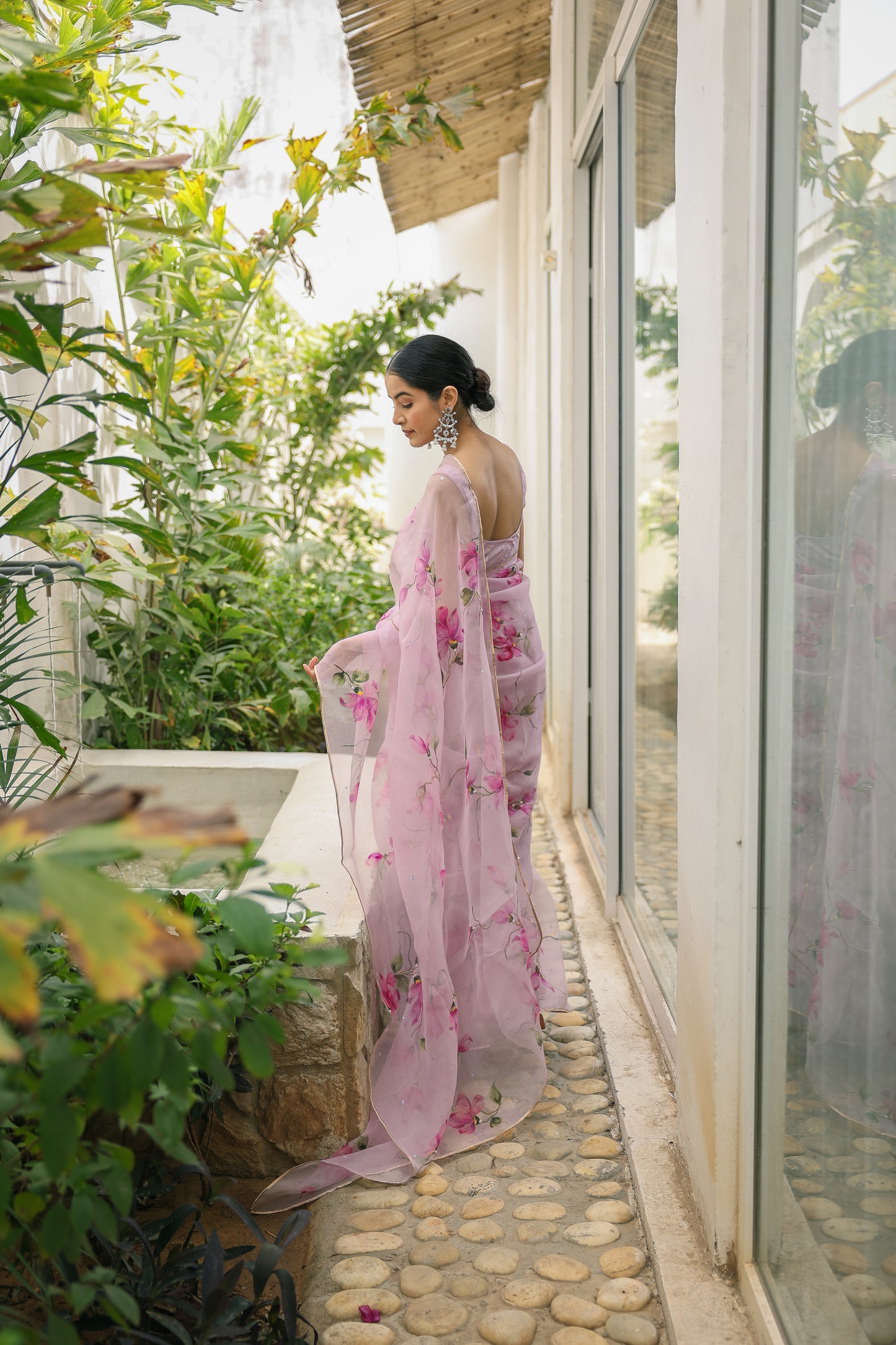 Hand-painted pastel mauve floral silk organza saree