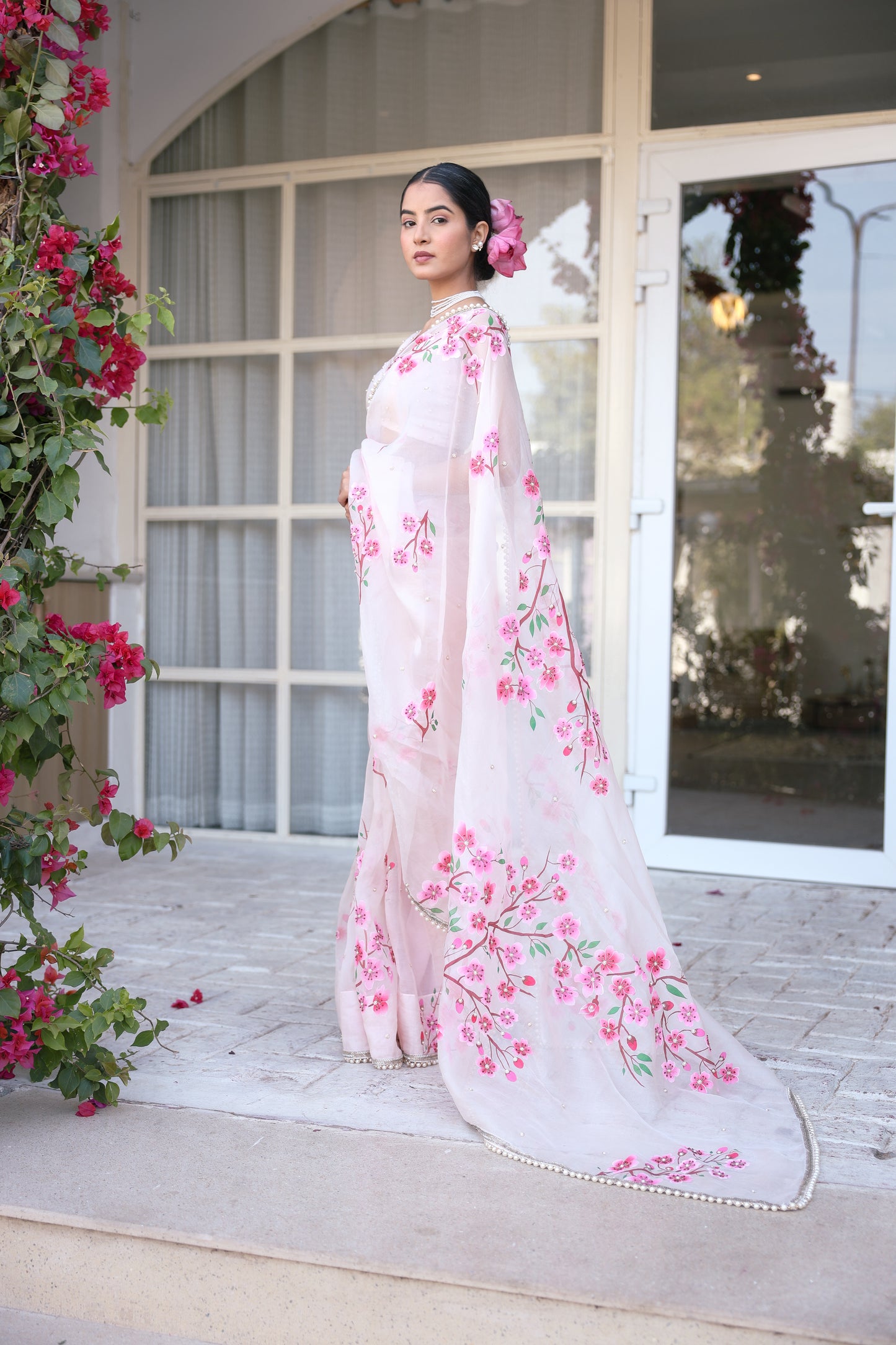 Hand-Painted Powder Pink Noor Silk Organza Saree