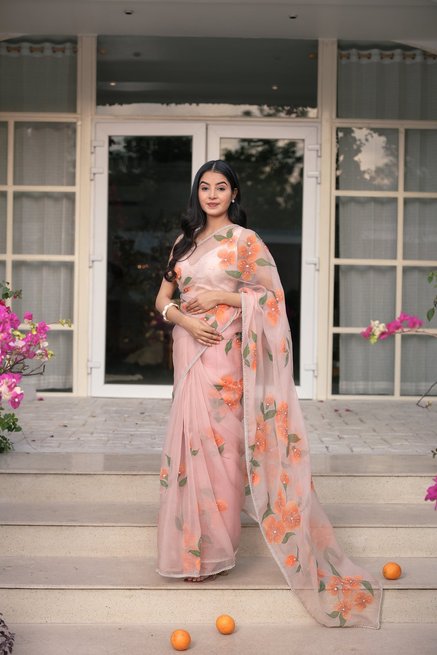 Hand-Painted Pastel Peach Floral Silk Organza Saree