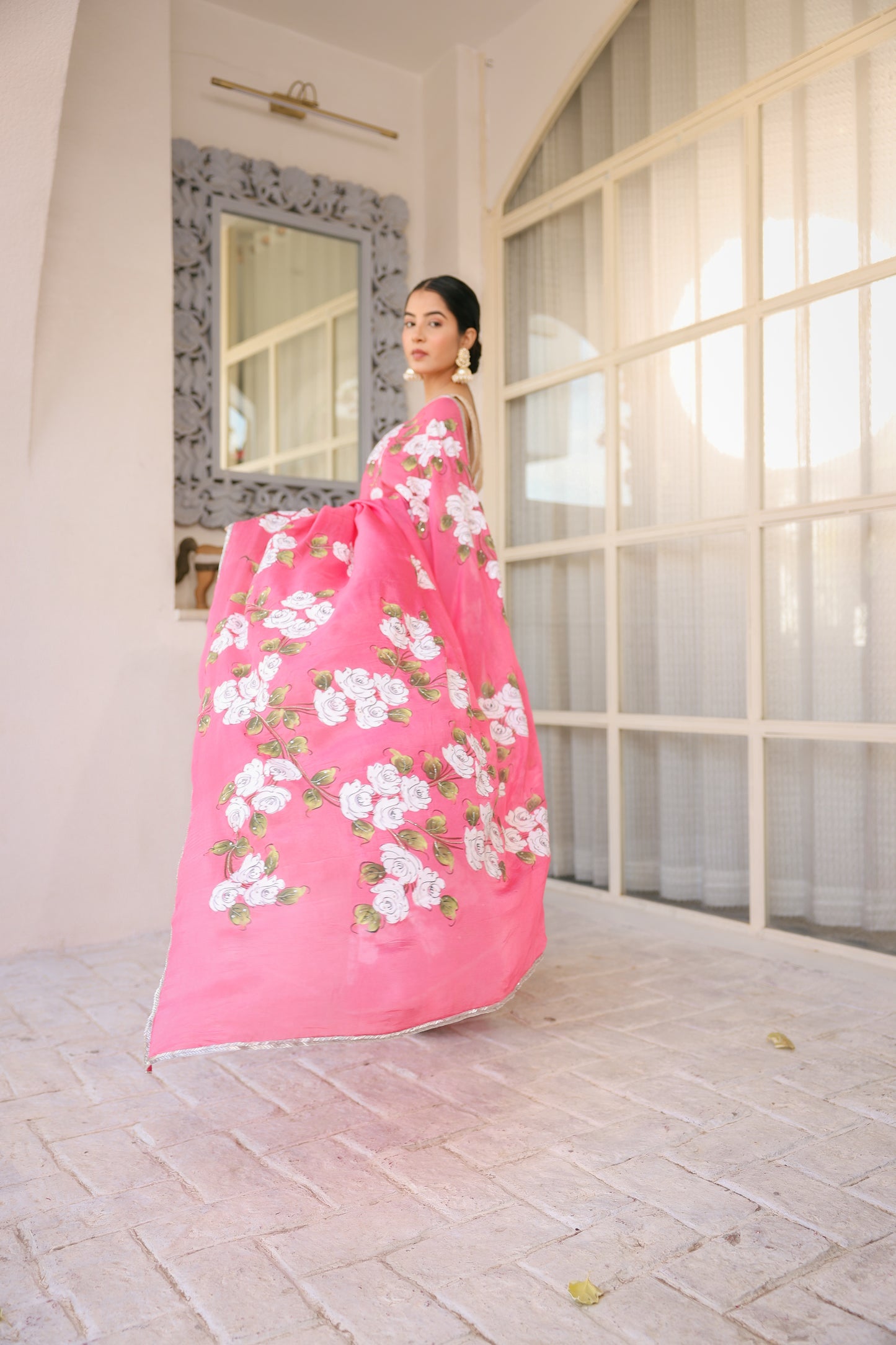 Hand-painted Light Cherry Floral Crepe Saree