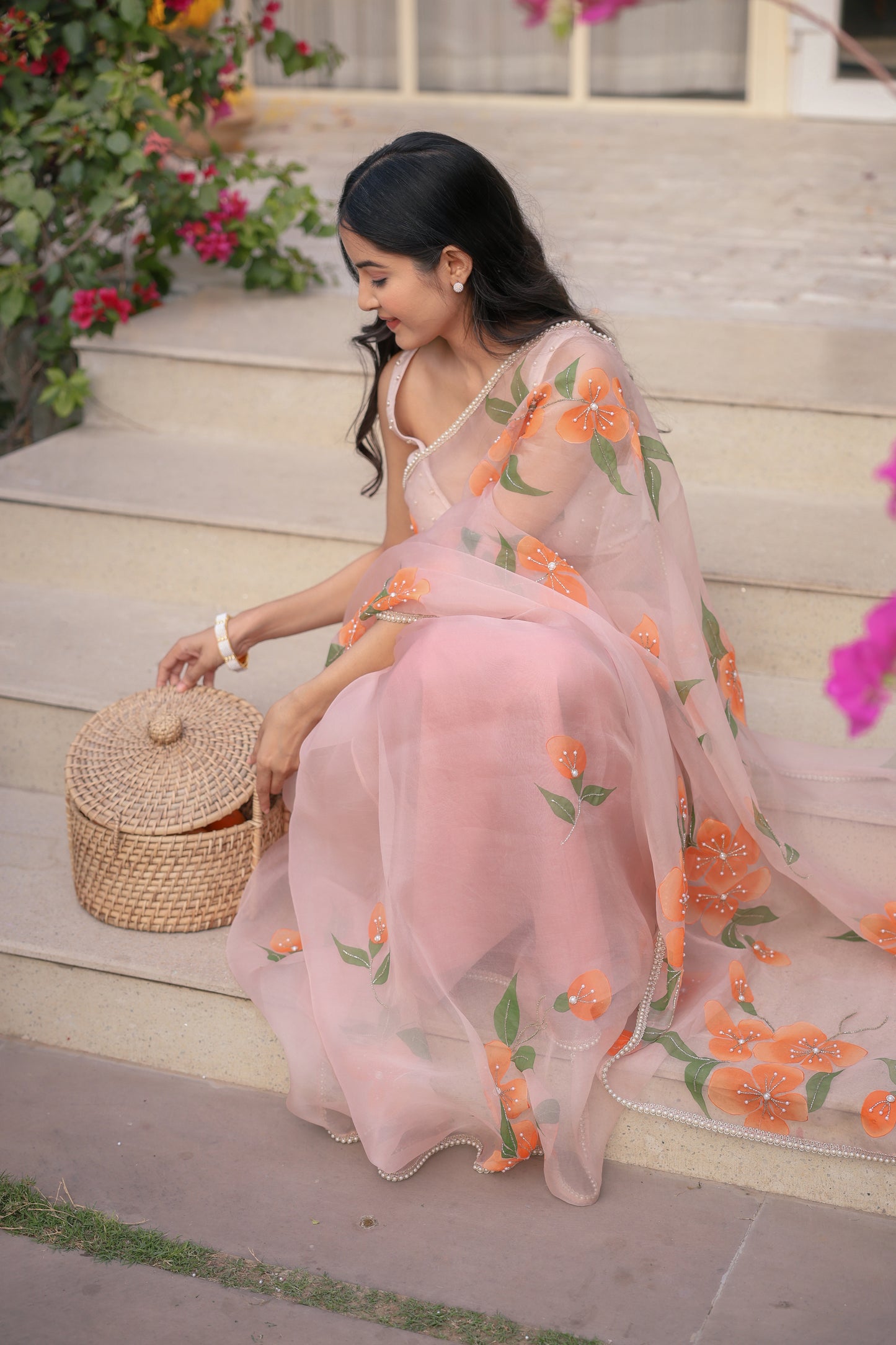 Hand-Painted Pastel Peach Floral Silk Organza Saree