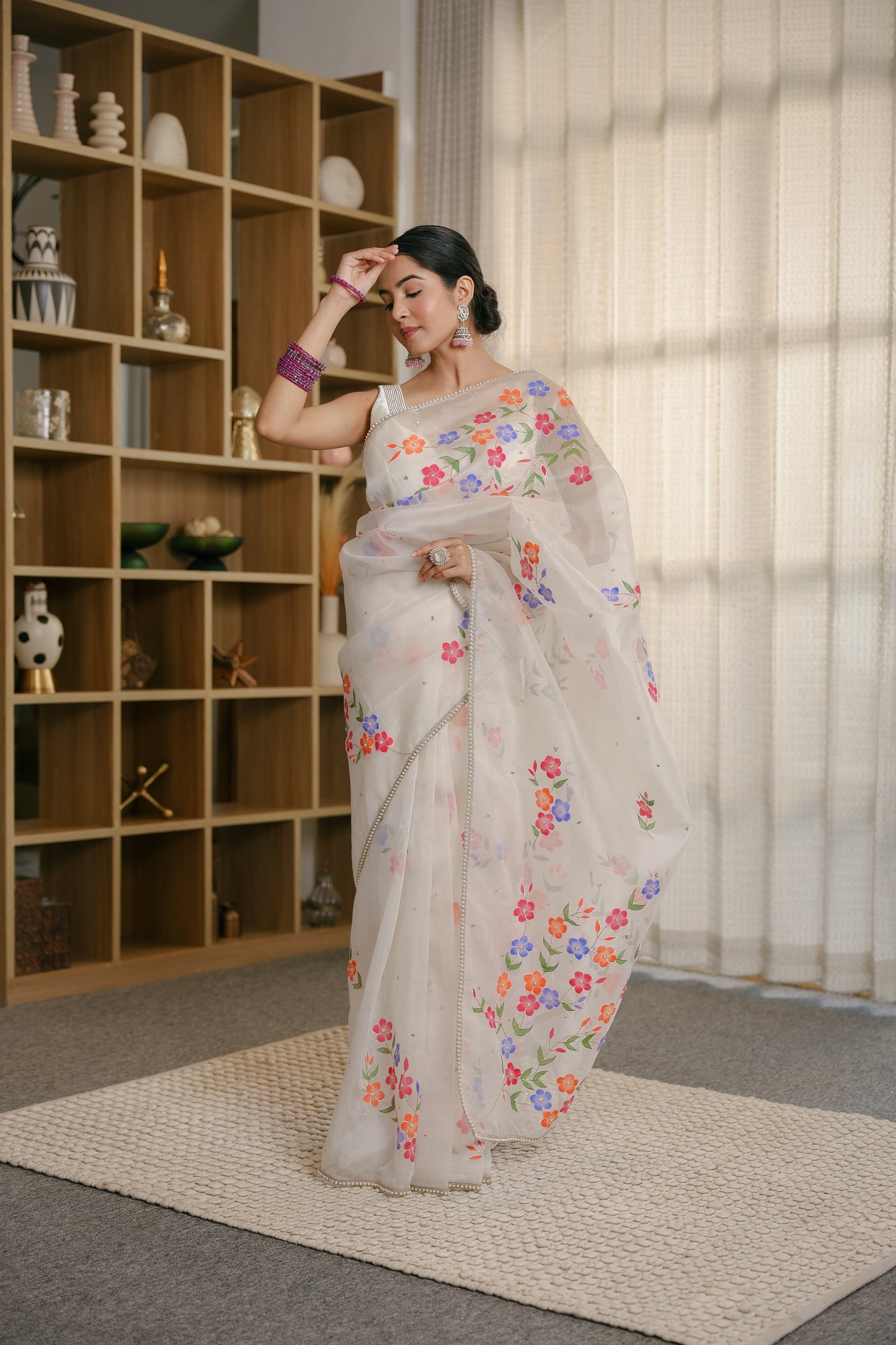 Hand-painted White Floral Pure Silk Organza Saree