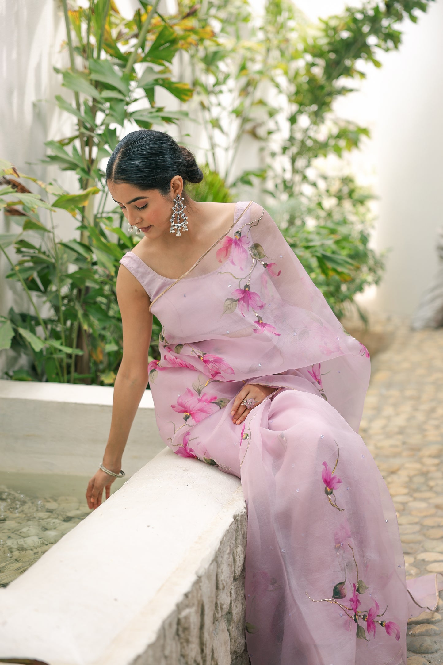 Hand-painted pastel mauve floral silk organza saree