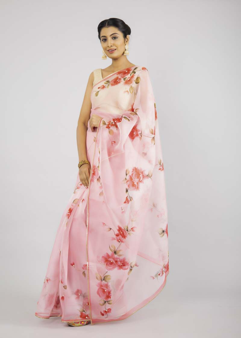Hand-Painted Shaded Pink Silk Organza Saree