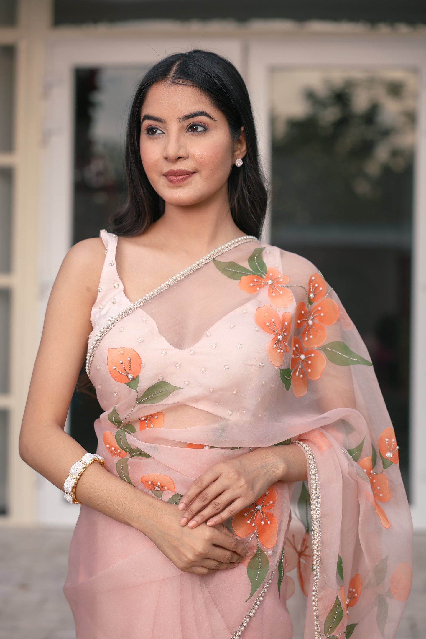 Hand-Painted Pastel Peach Floral Silk Organza Saree