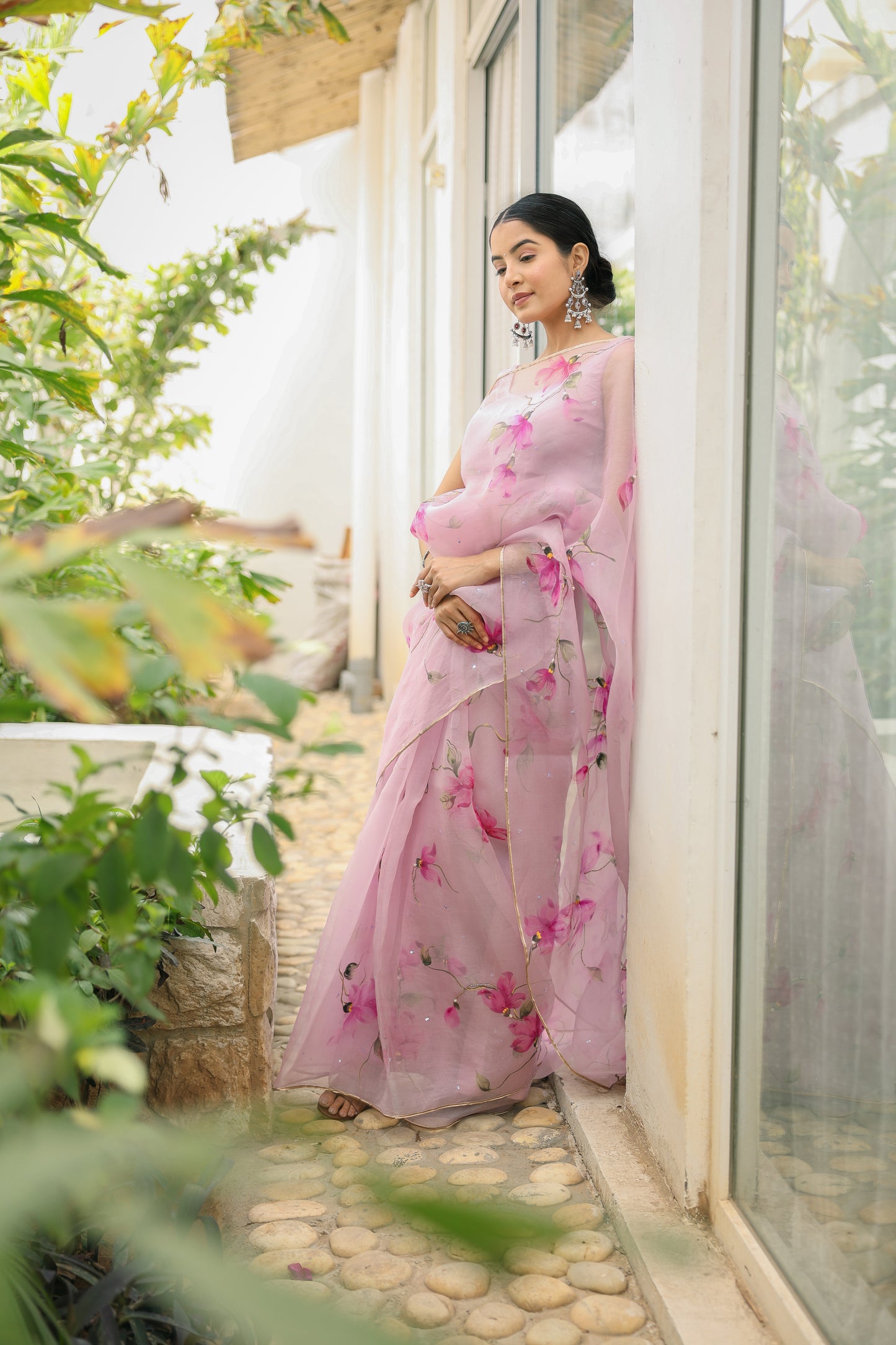 Hand-painted pastel mauve floral silk organza saree