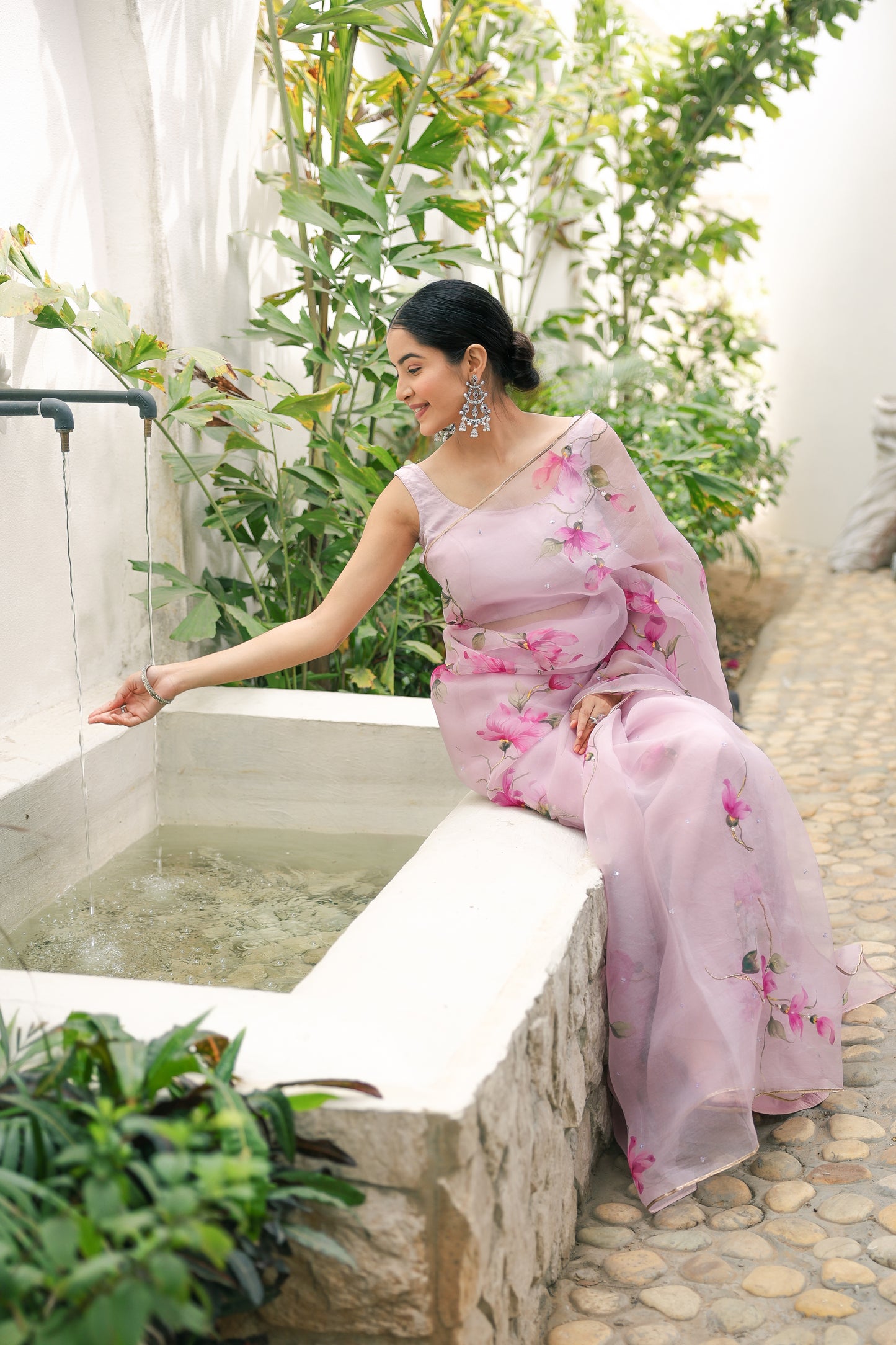 Hand-painted pastel mauve floral silk organza saree