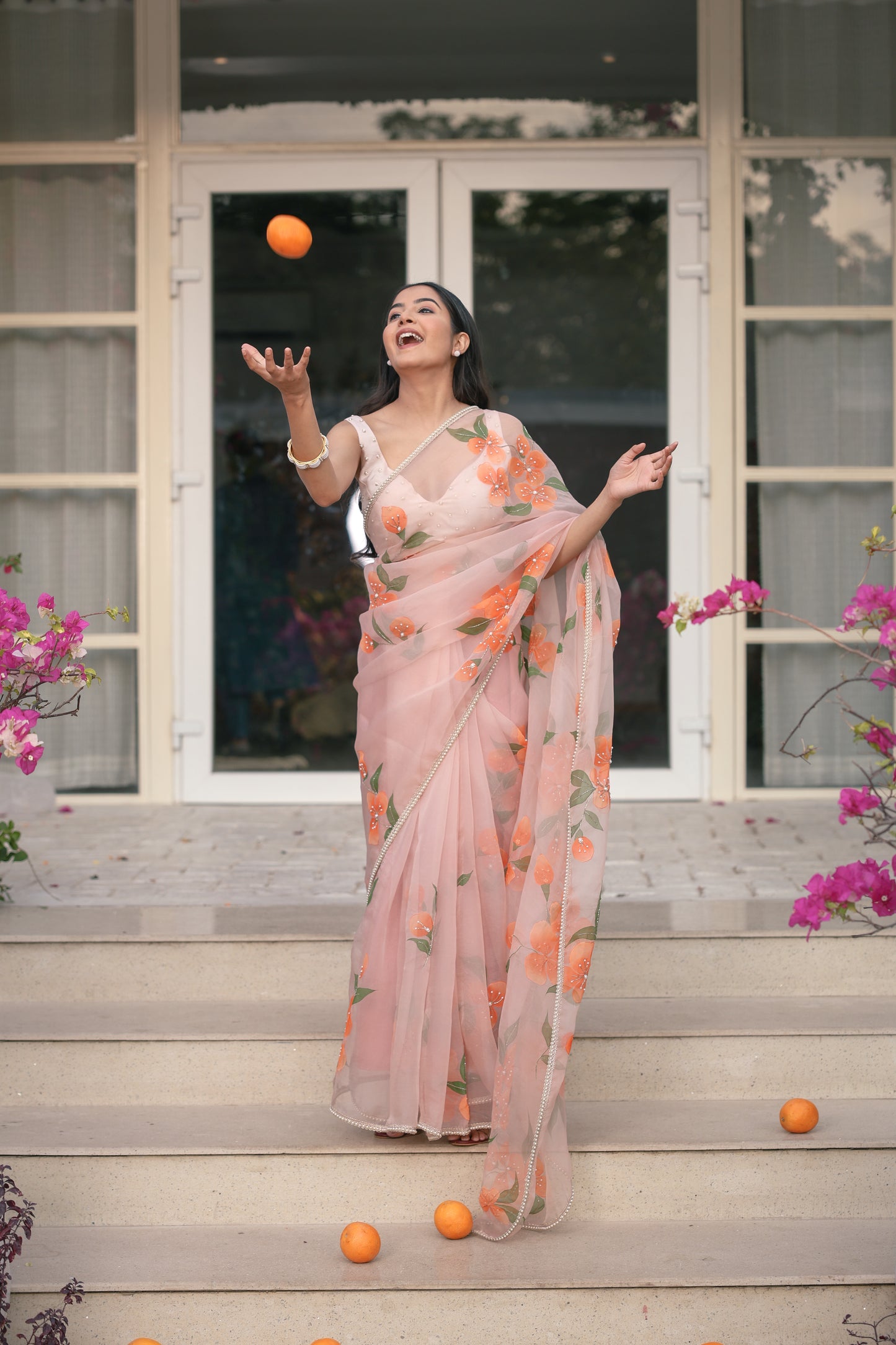 Hand-Painted Pastel Peach Floral Silk Organza Saree