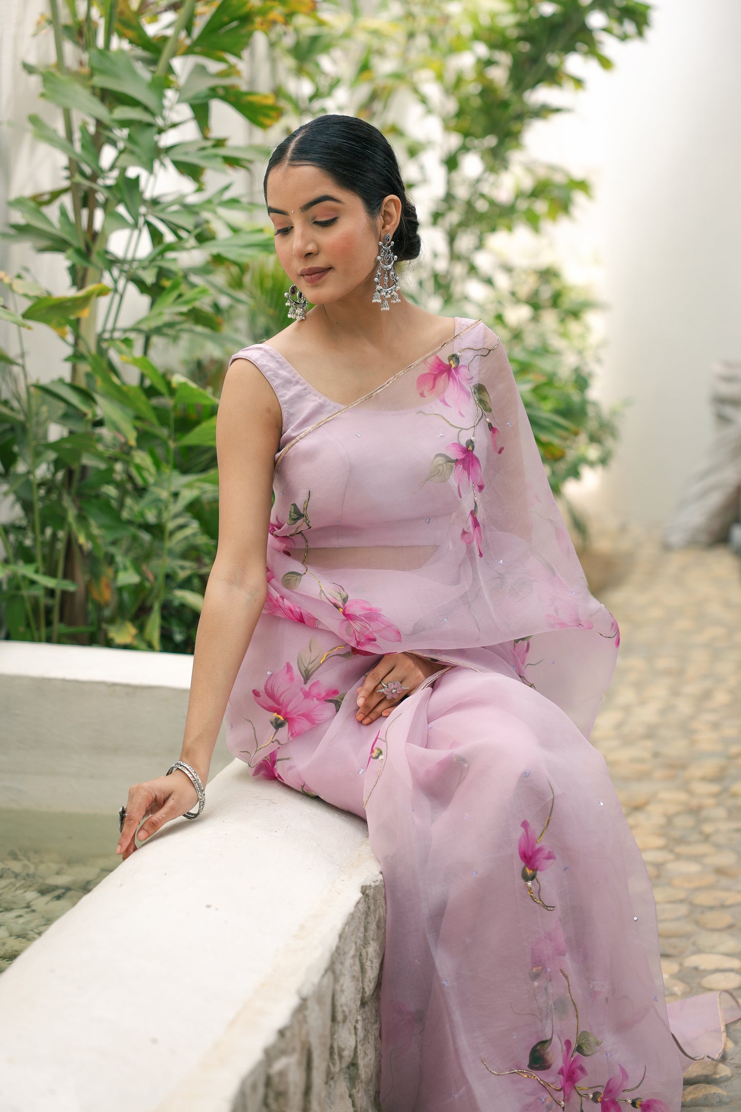Hand-painted pastel mauve floral silk organza saree