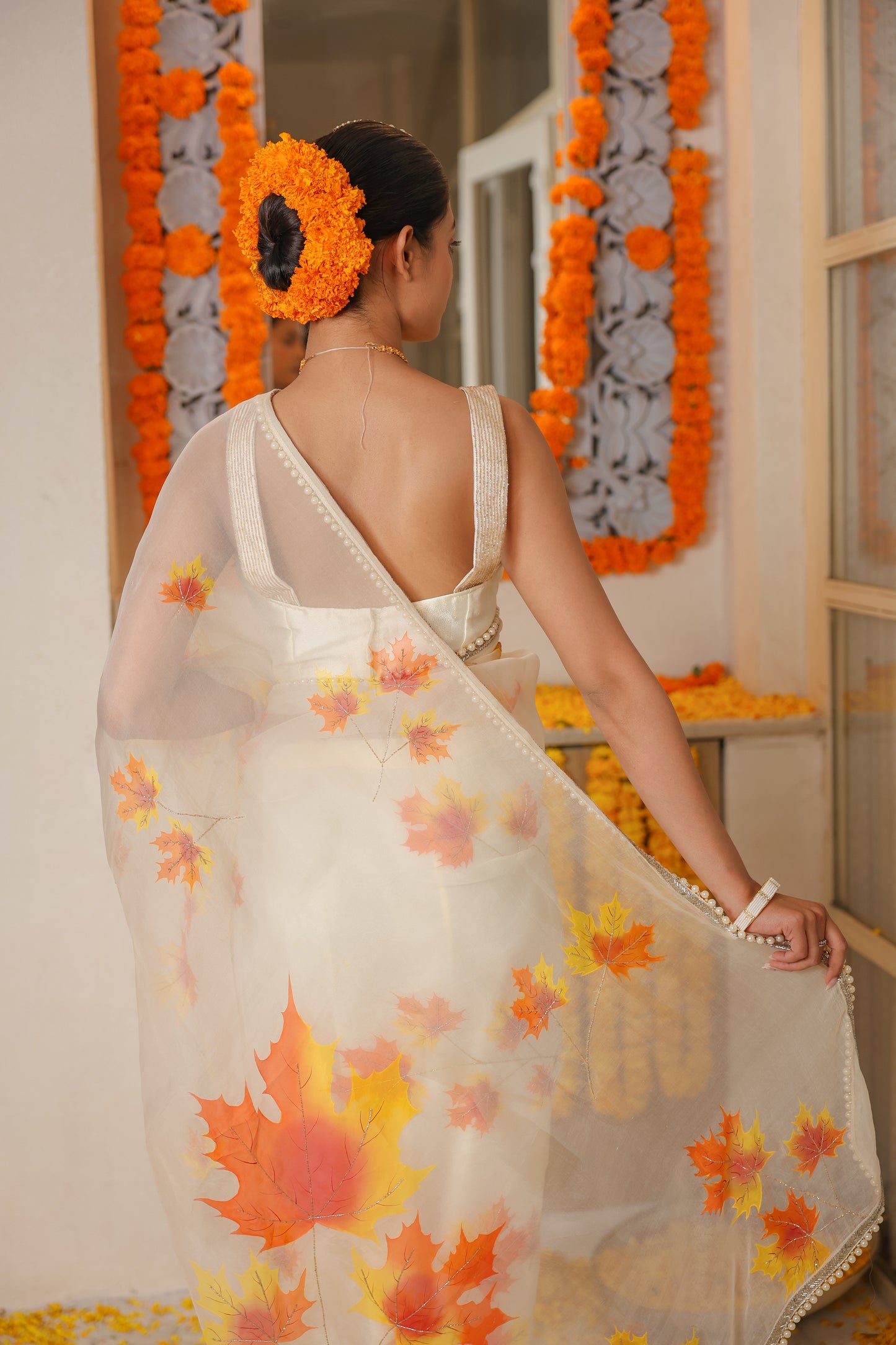 Hand-Painted Ivory Maple Love Silk Organza Saree
