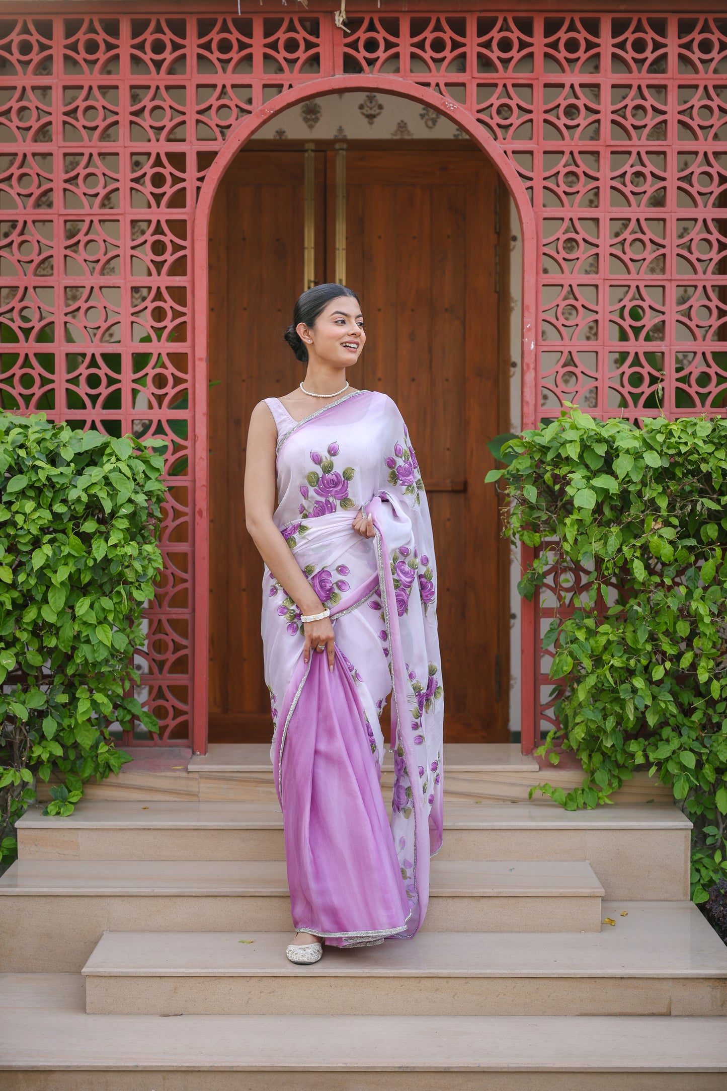 Hand-painted lavendar Chinon-crepe floral saree