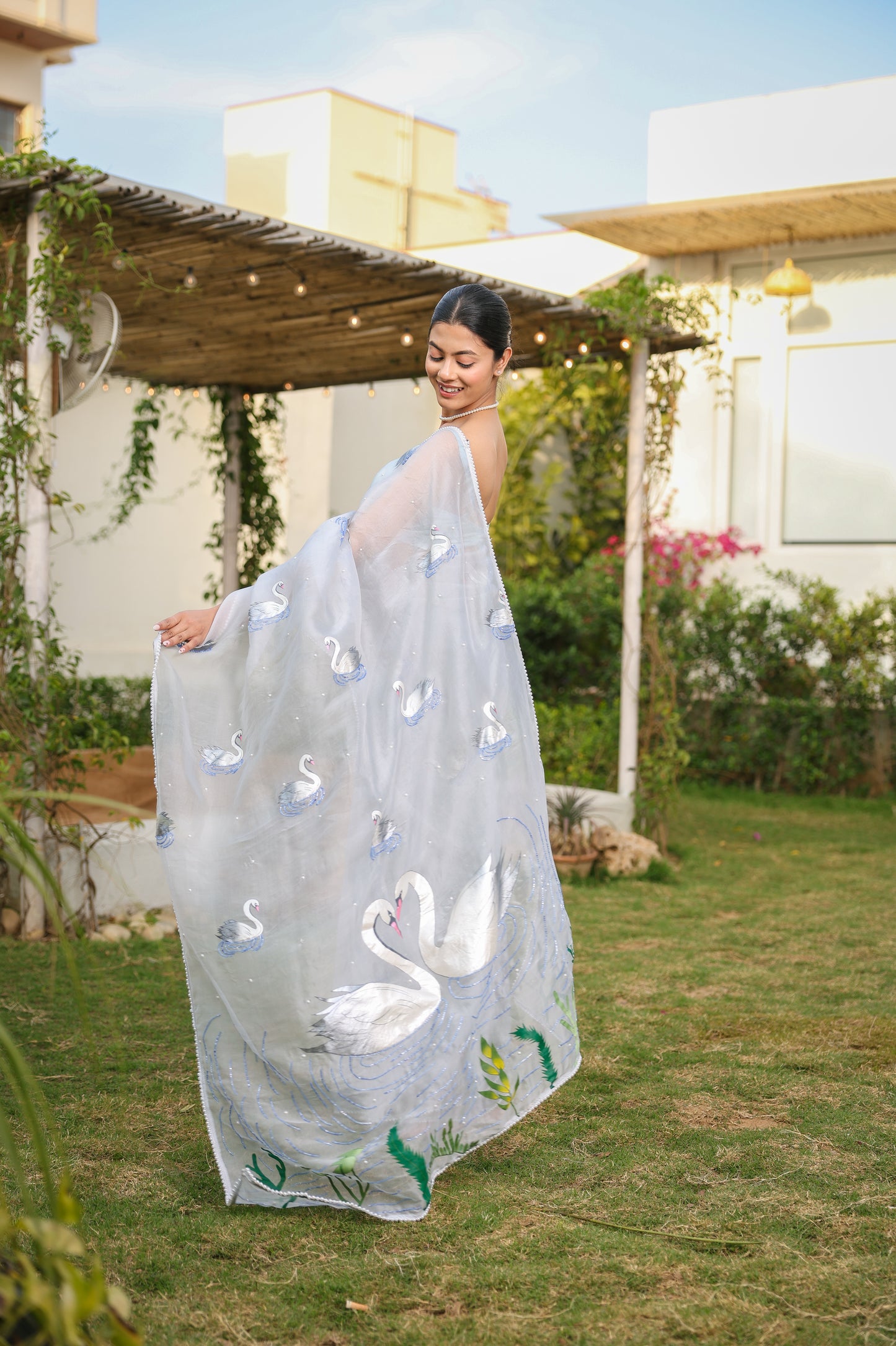 Hand-Painted Pastel Blue Swan Silk Organza Saree