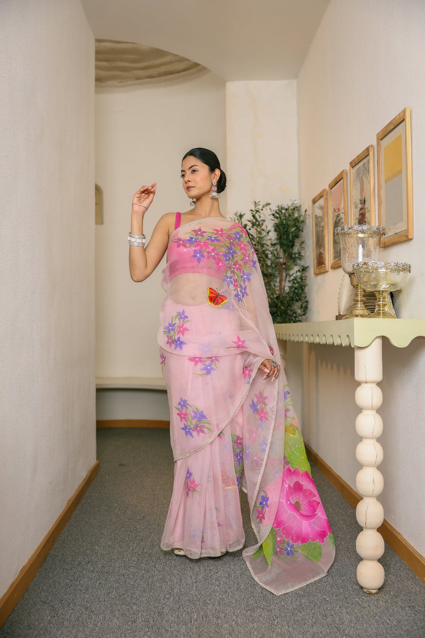 Hand-Painted Pastel Mauve Whimsical Butterfly Silk Organza Saree