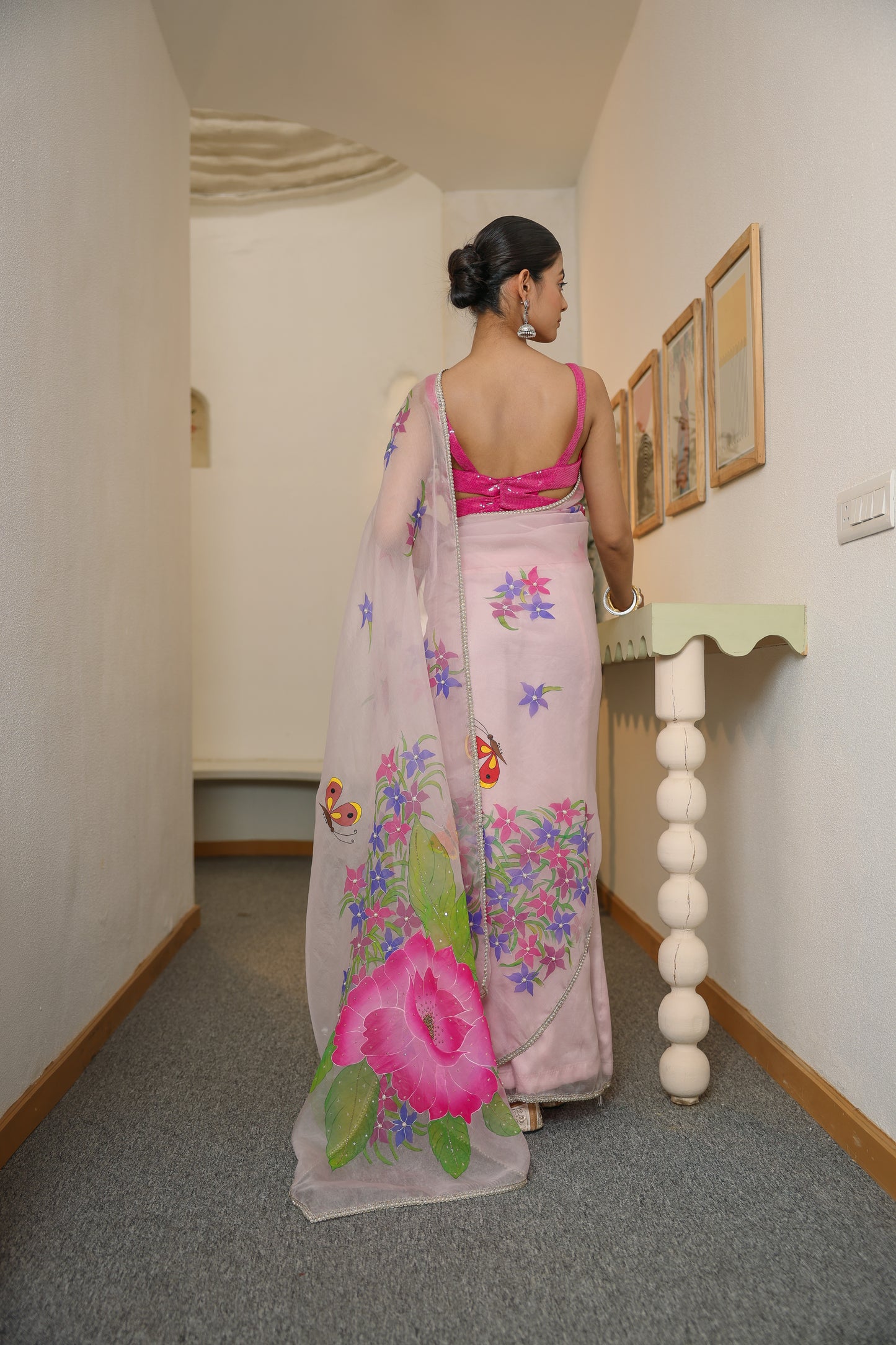 Hand-Painted Pastel Mauve Whimsical Butterfly Silk Organza Saree