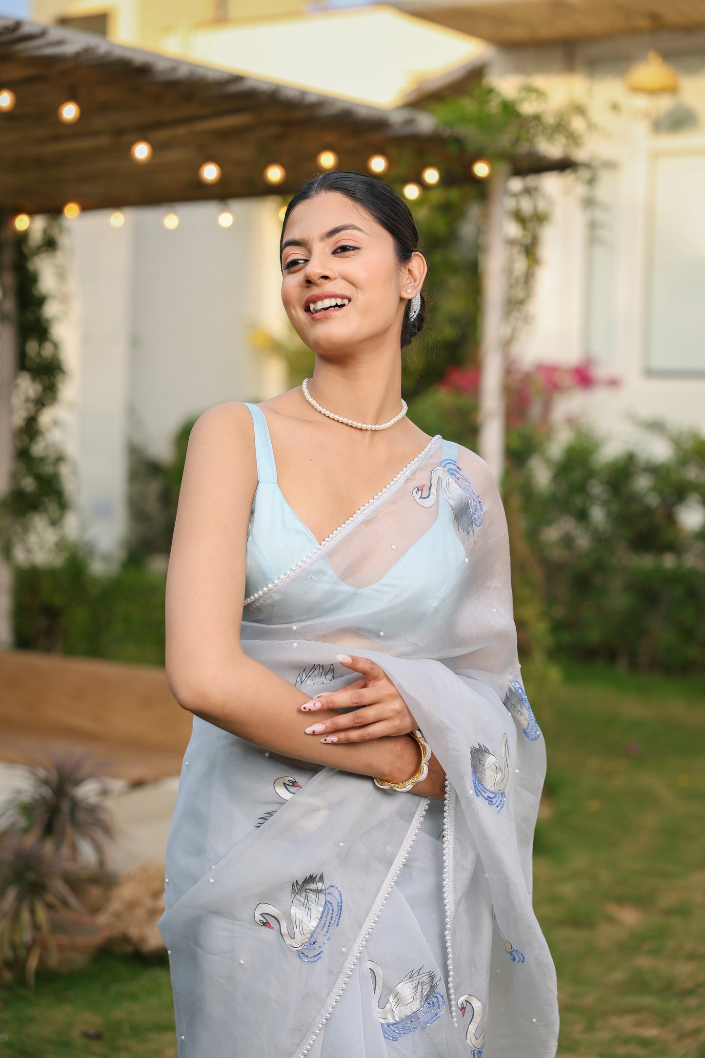 Hand-Painted Pastel Blue Swan Silk Organza Saree