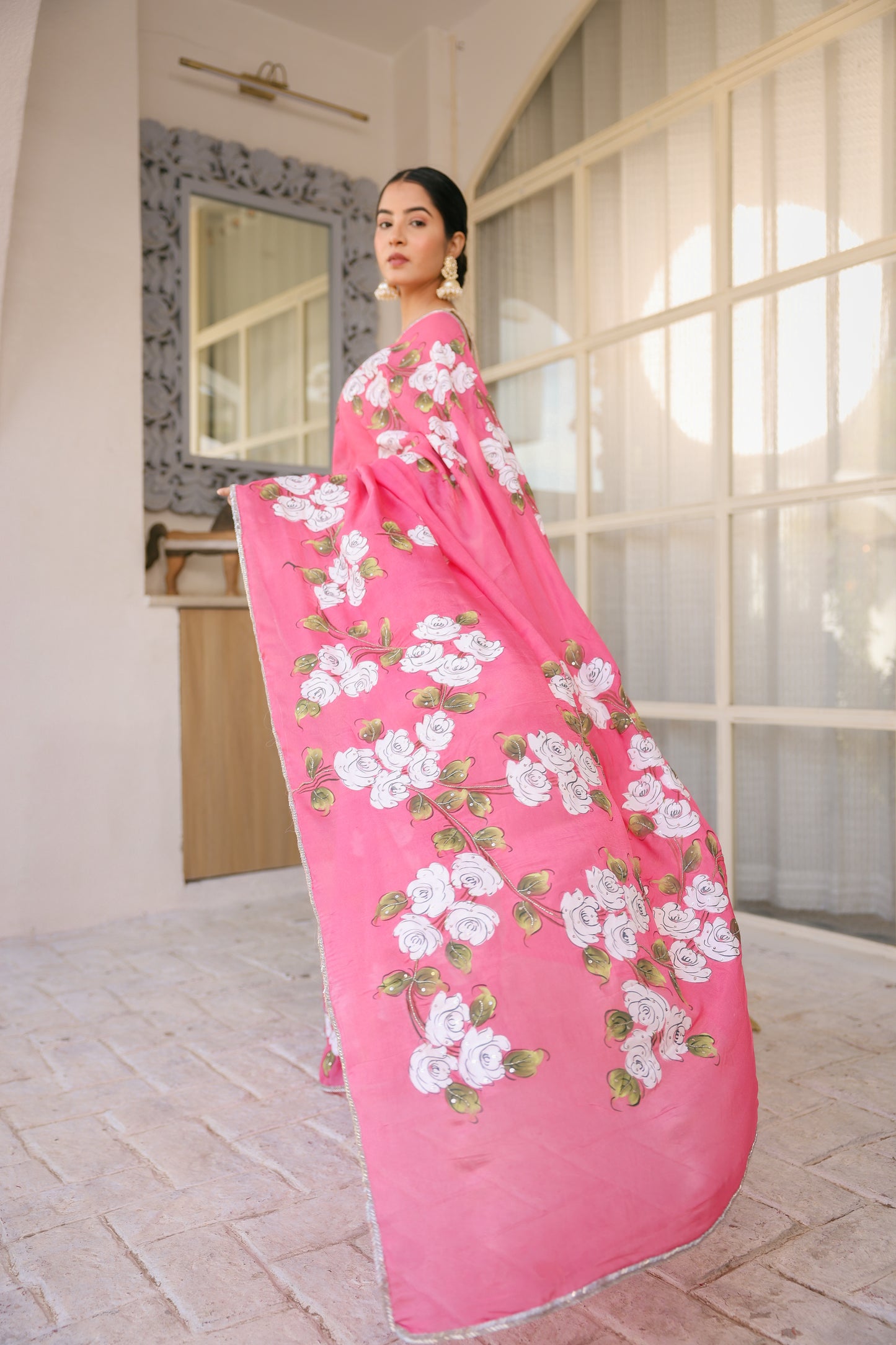 Hand-painted Light Cherry Floral Crepe Saree
