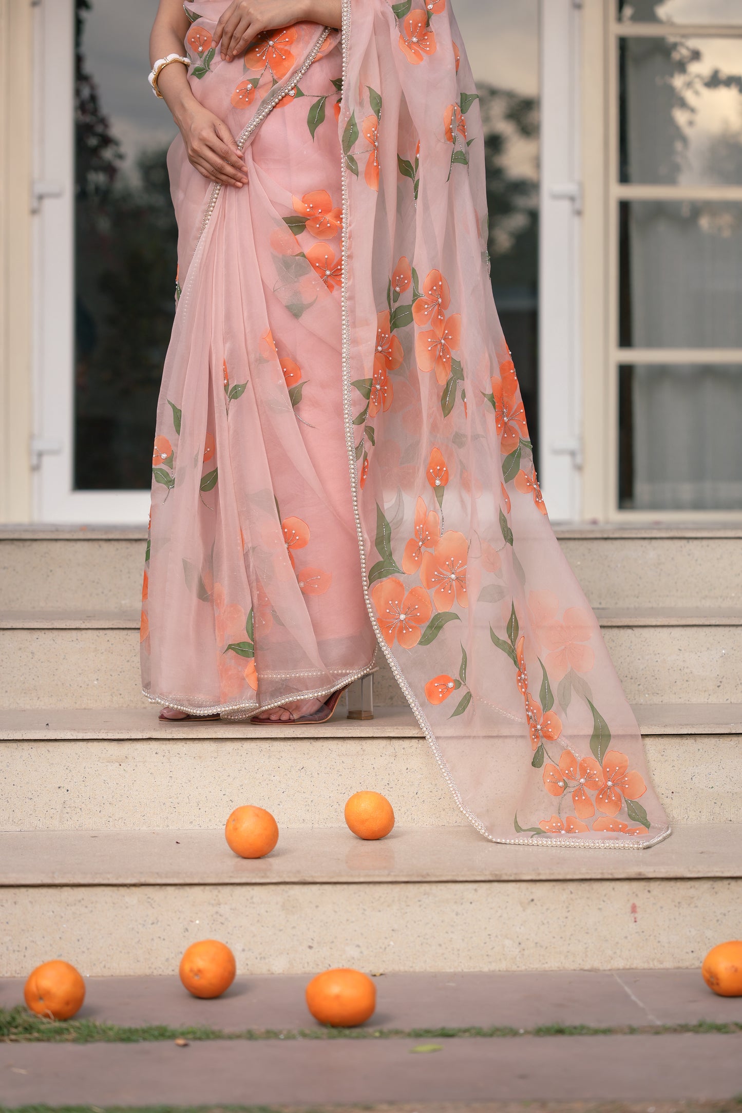 Hand-Painted Pastel Peach Floral Silk Organza Saree