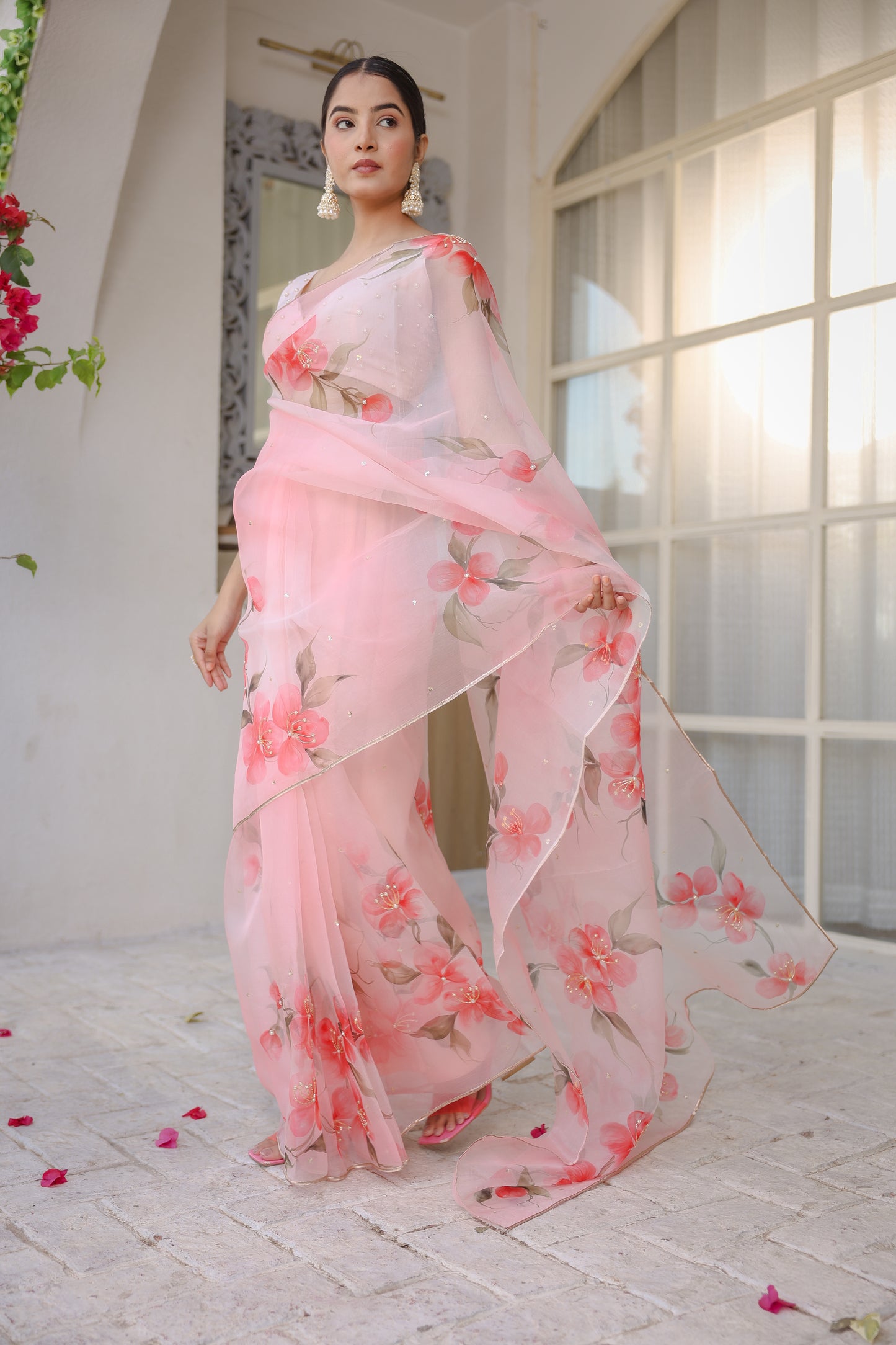 Hand-painted powder pink floral silk organza saree