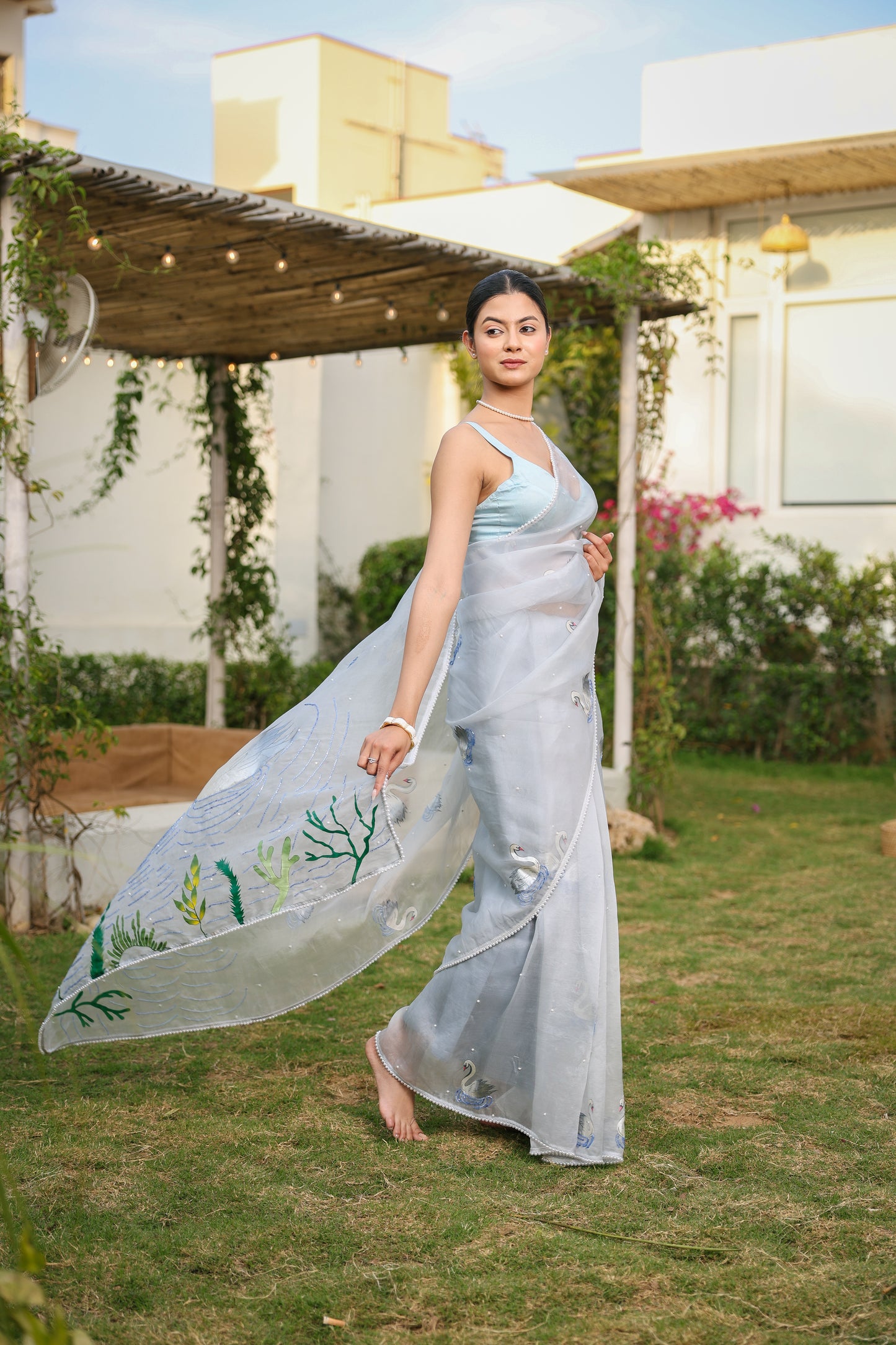 Hand-Painted Pastel Blue Swan Silk Organza Saree