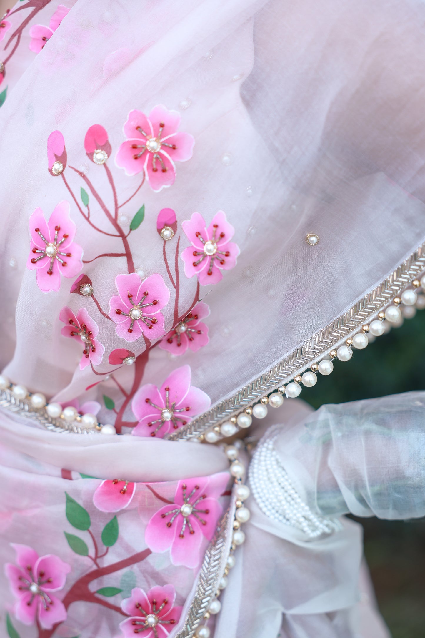 Hand-Painted Powder Pink Noor Silk Organza Saree