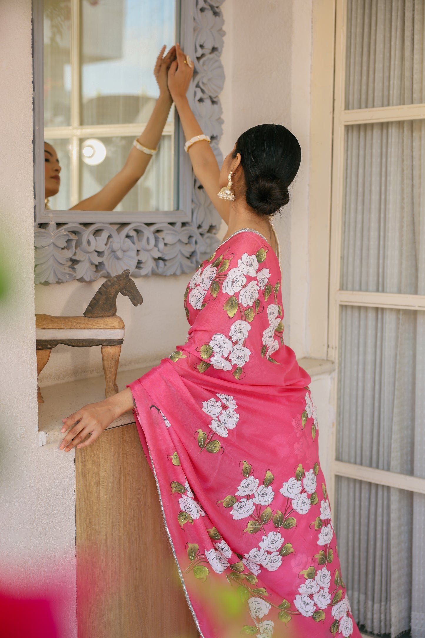 Hand-painted Light Cherry Floral Crepe Saree