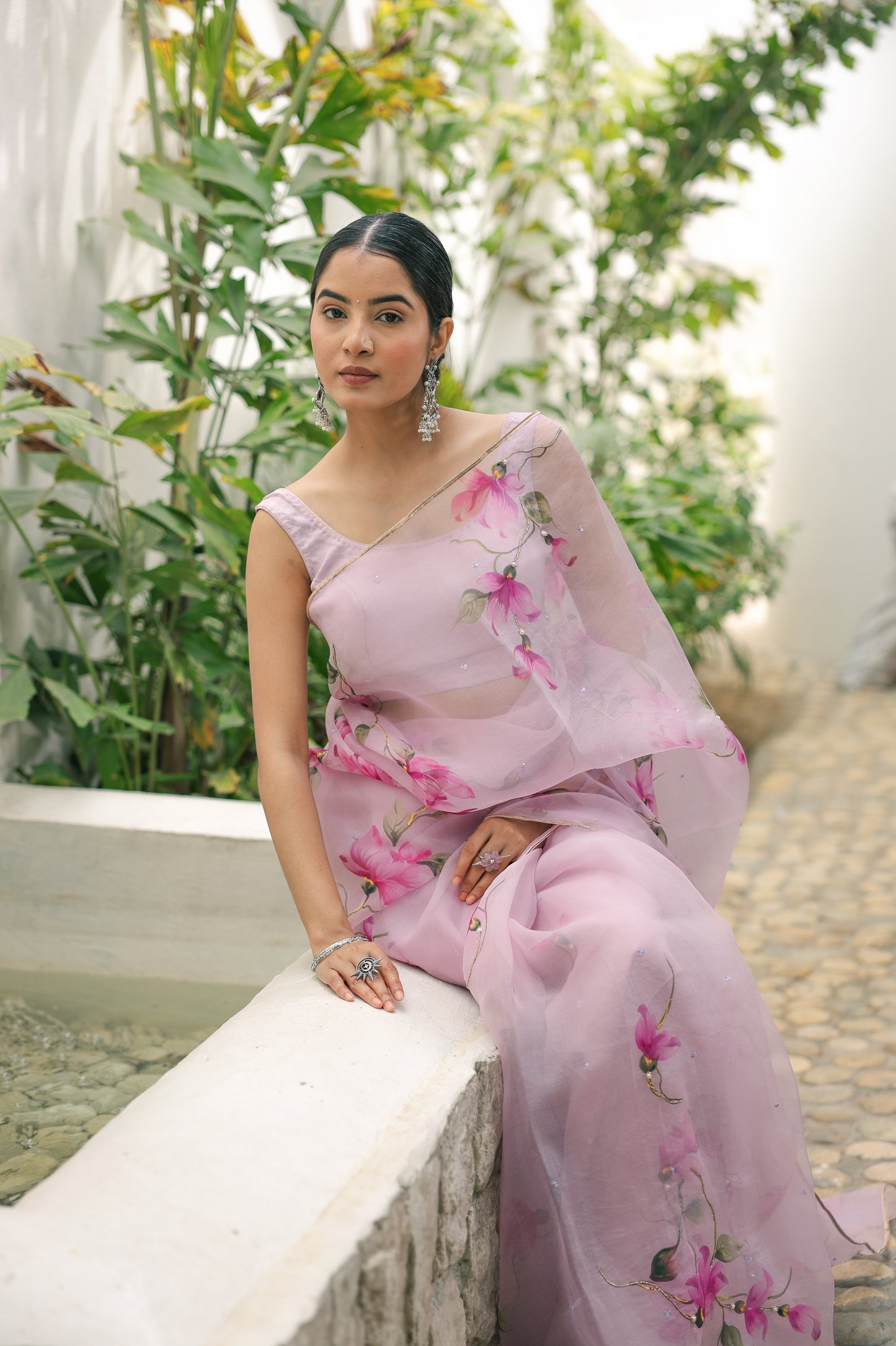 Hand-painted pastel mauve floral silk organza saree