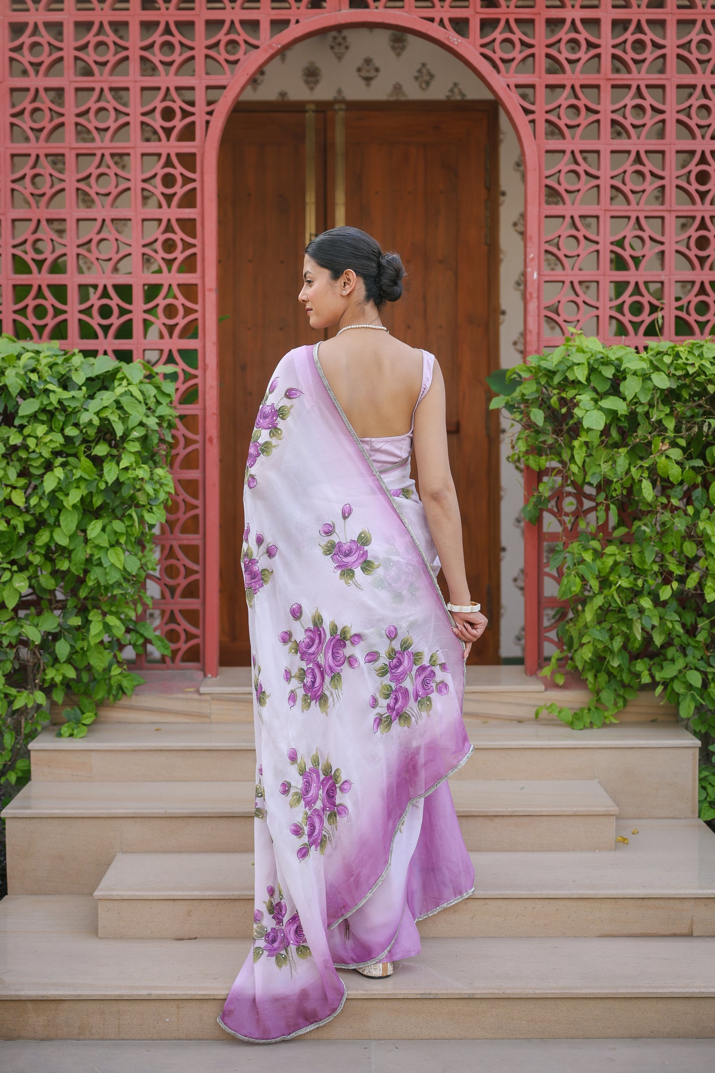 Hand-painted lavendar Chinon-crepe floral saree