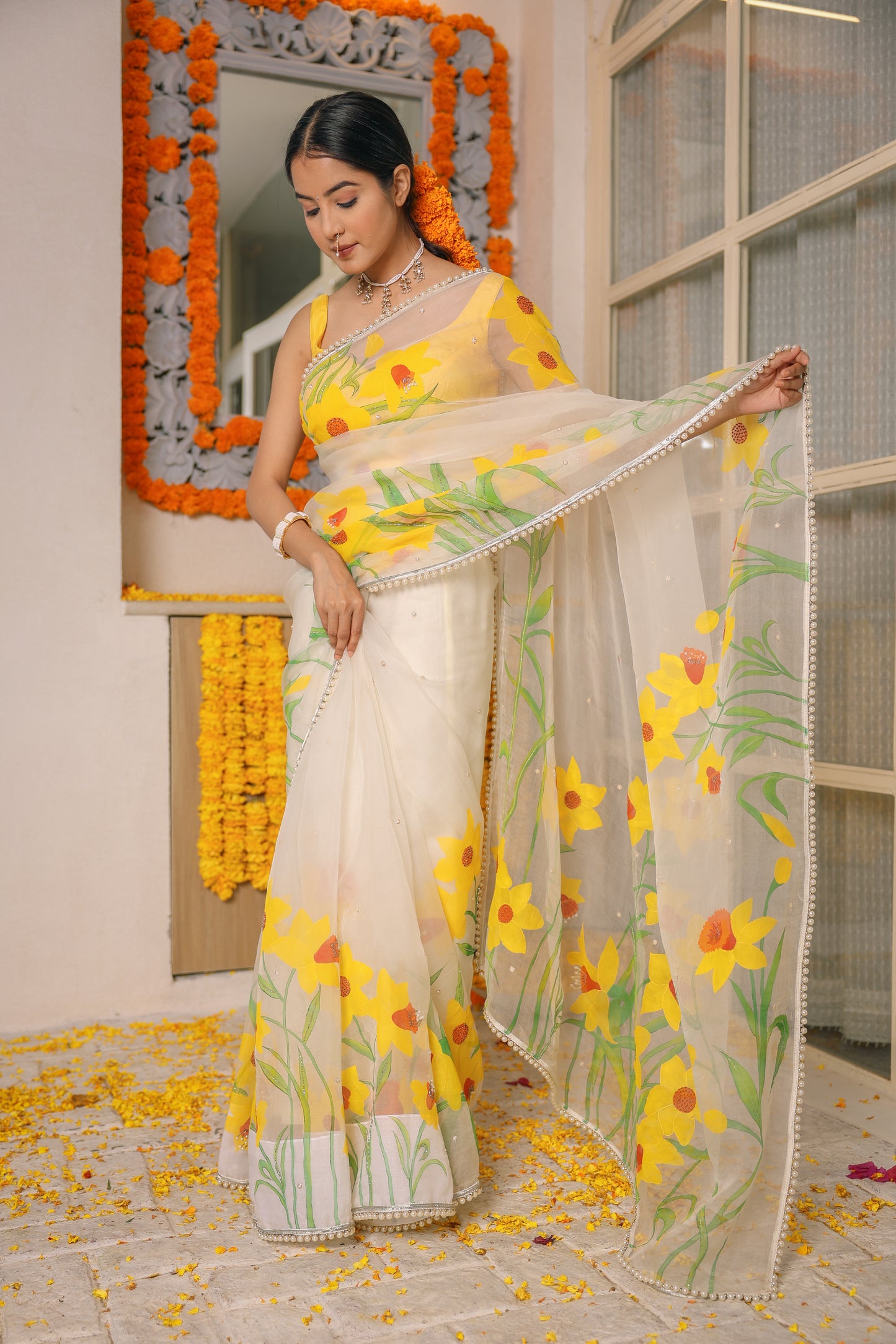 Hand-Painted Ivory Daffodil Silk Organza Saree