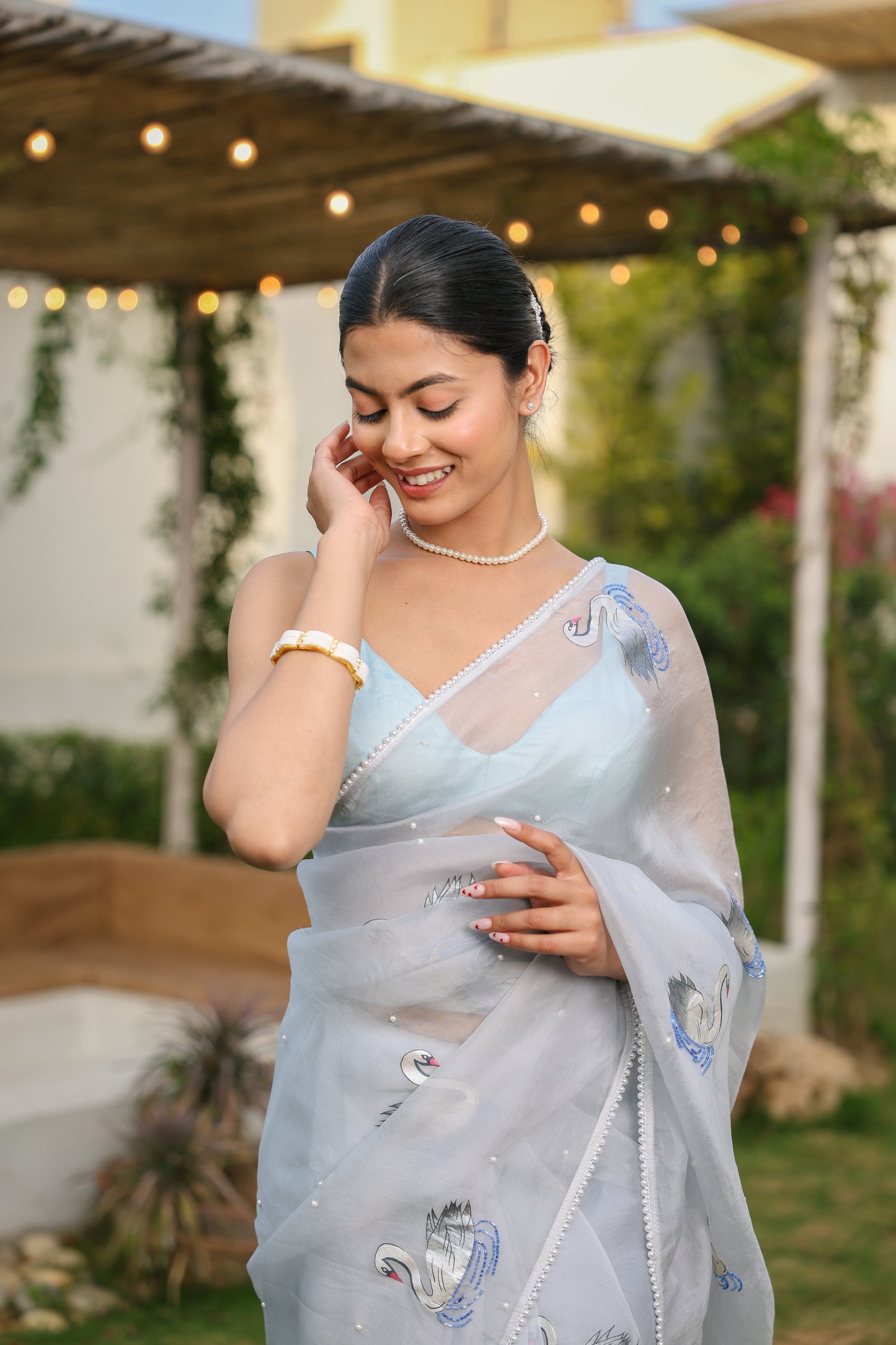 Hand-Painted Pastel Blue Swan Silk Organza Saree