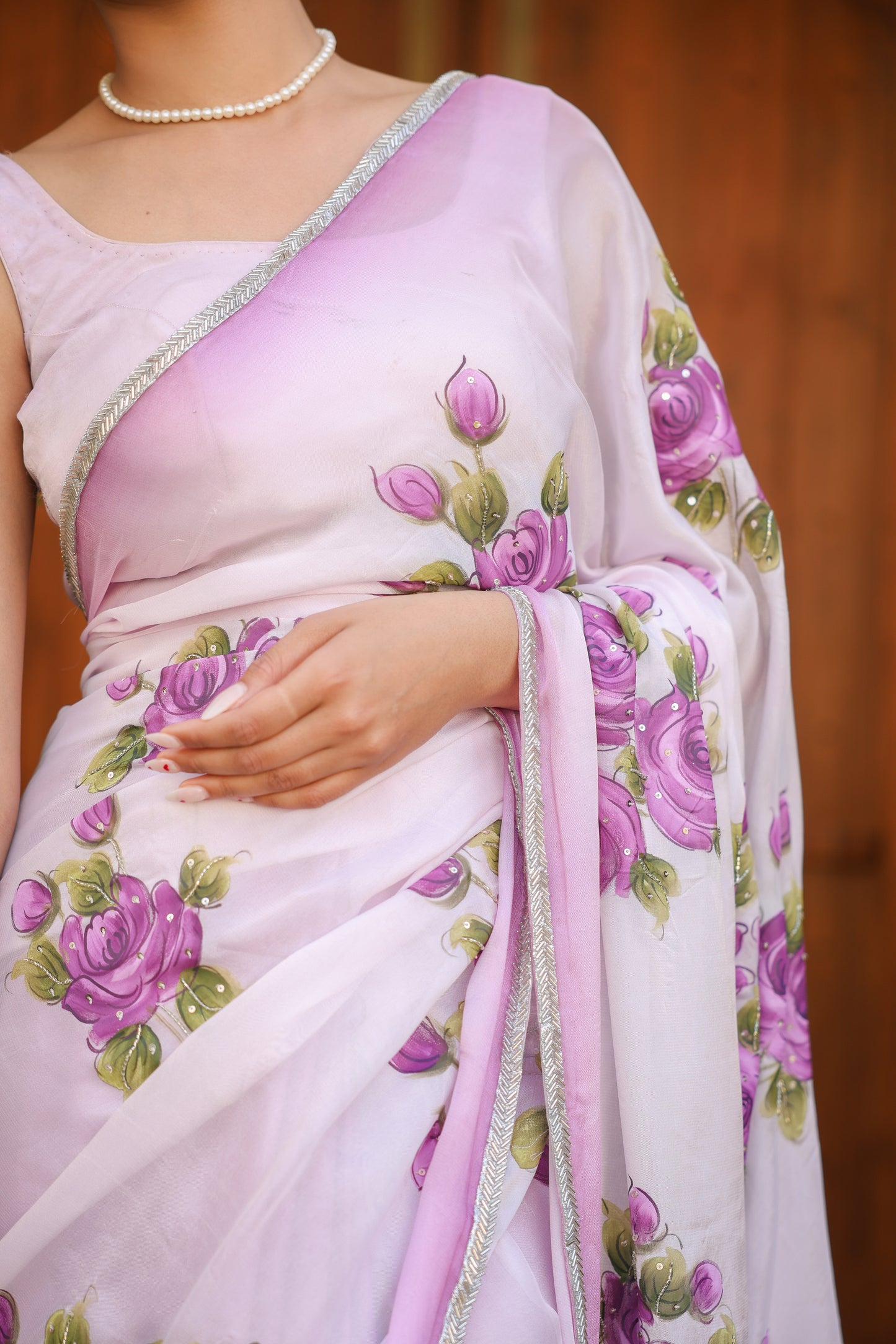 Hand-painted lavendar Chinon-crepe floral saree