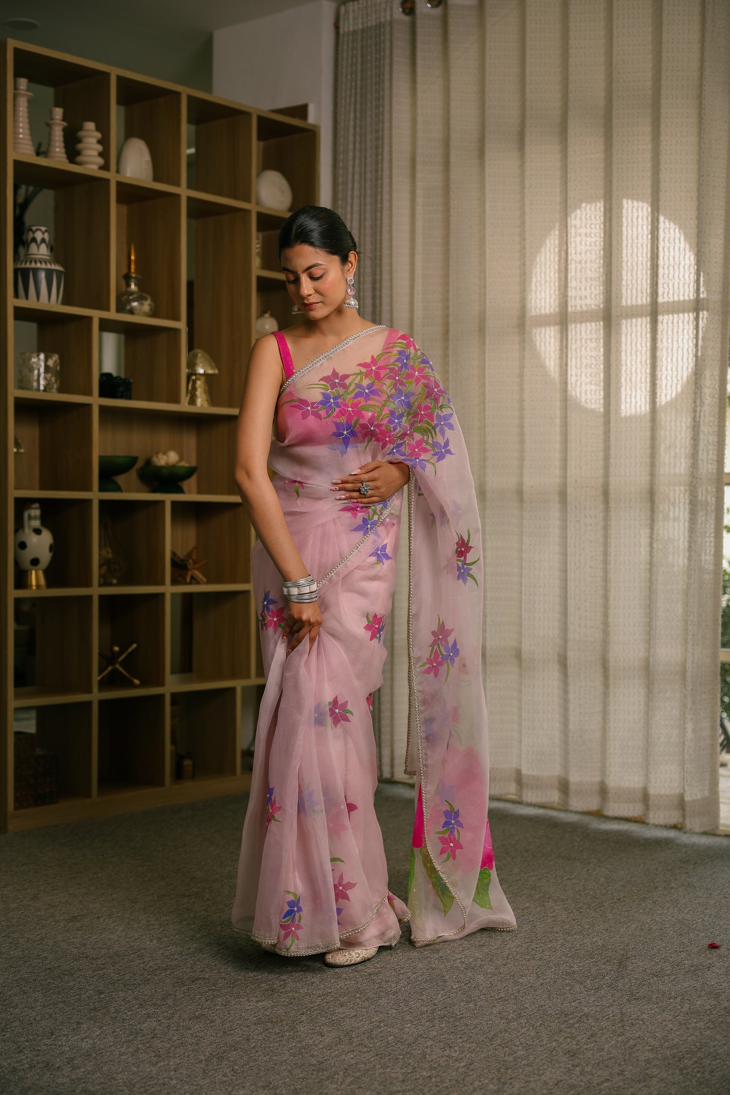Hand-Painted Pastel Mauve Whimsical Butterfly Silk Organza Saree