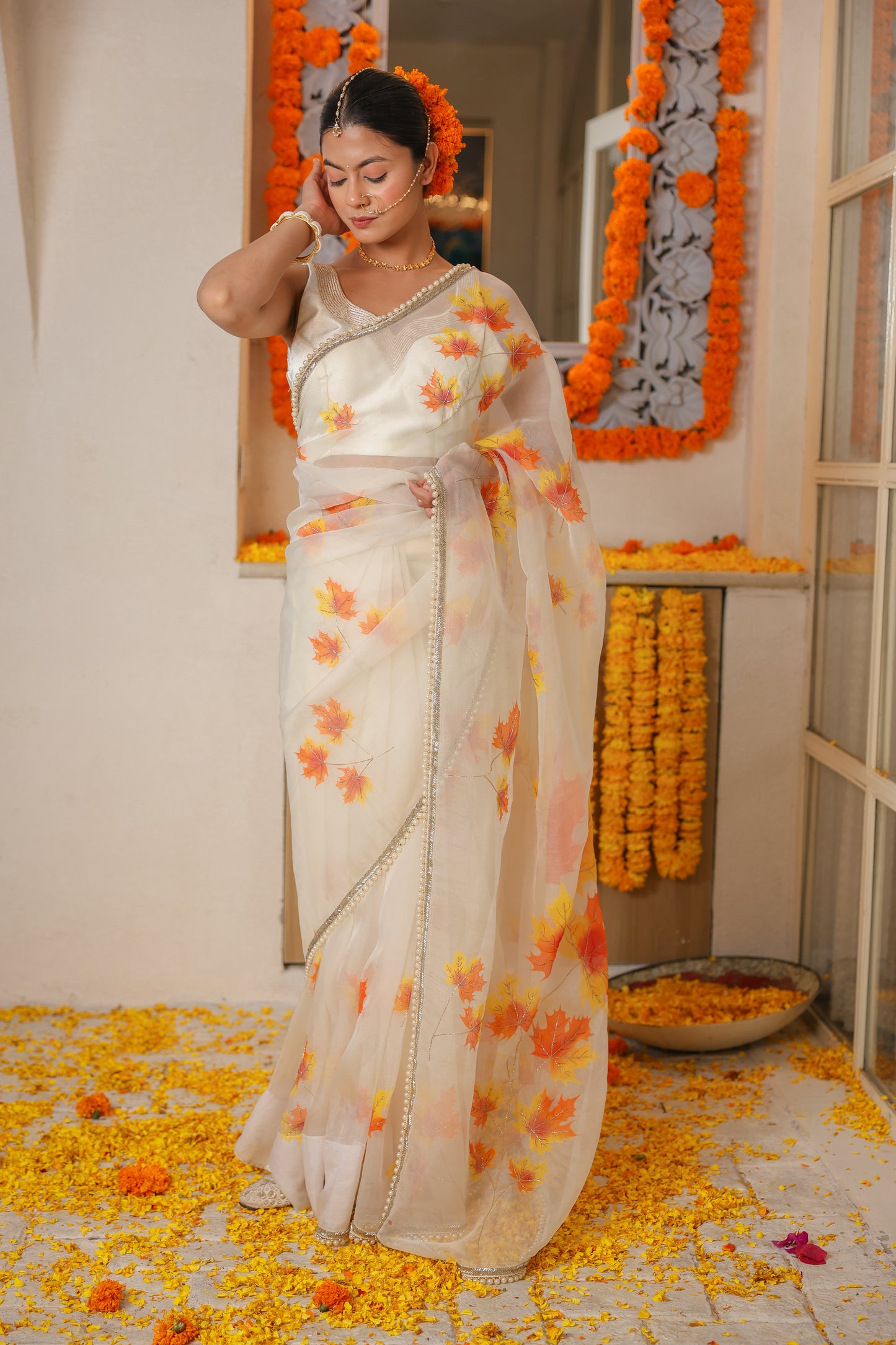Hand-Painted Ivory Maple Love Silk Organza Saree