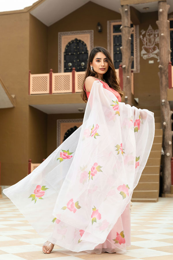 Handpainted Pink Floral SIlk Organza Lehenga