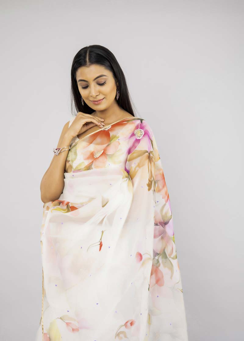 Hand-Painted Ivory Kyari Silk Organza Saree