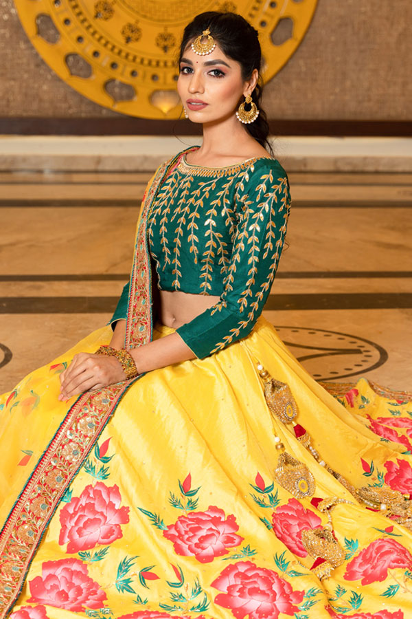 Handpainted Yellow Peony Raw Silk Lehenga