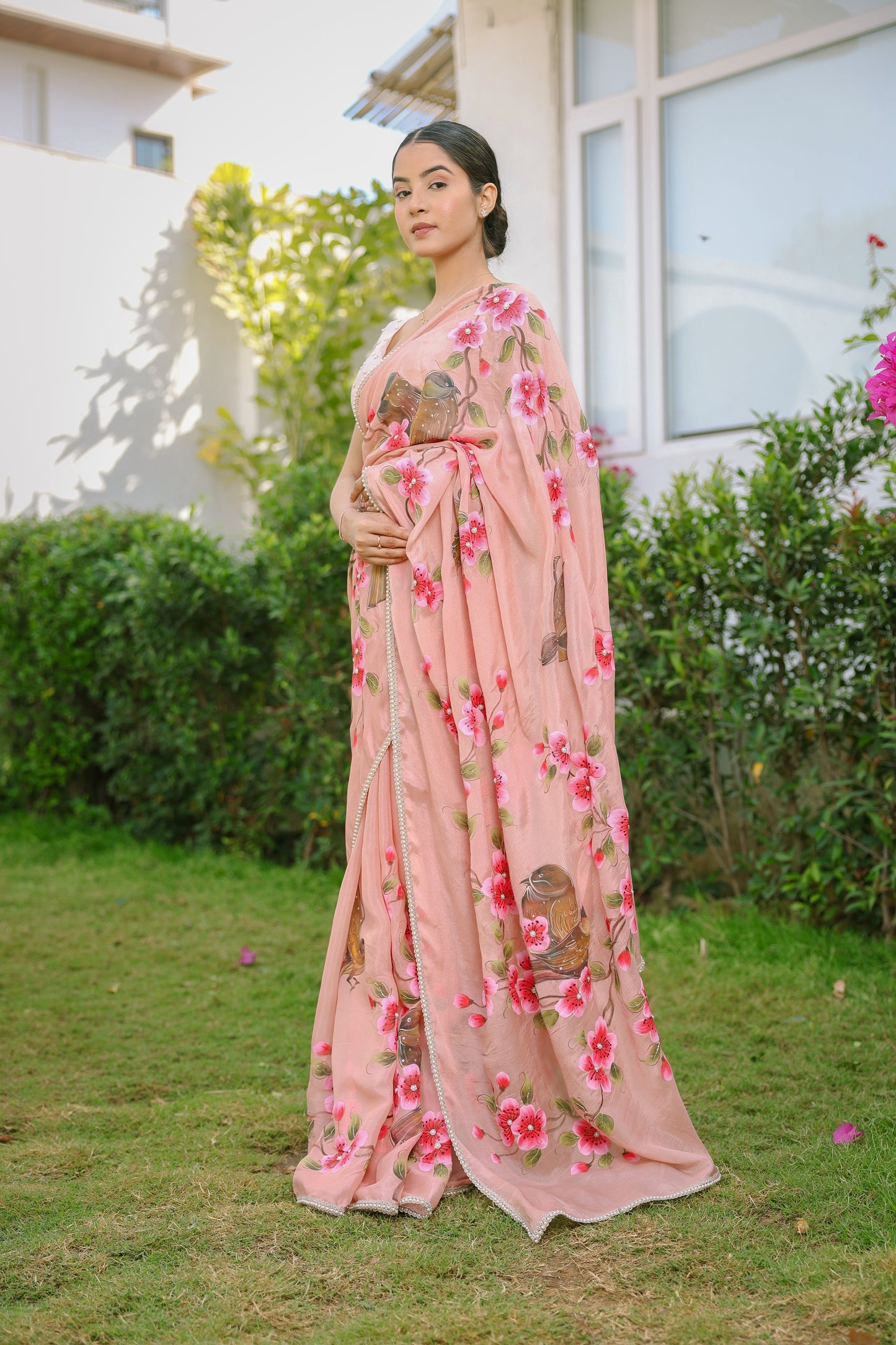 Hand-painted Floral Peach Crepe Saree