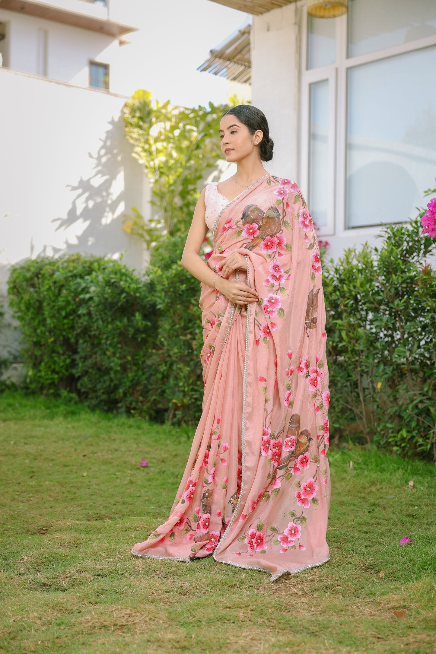 Hand-painted Floral Peach Crepe Saree