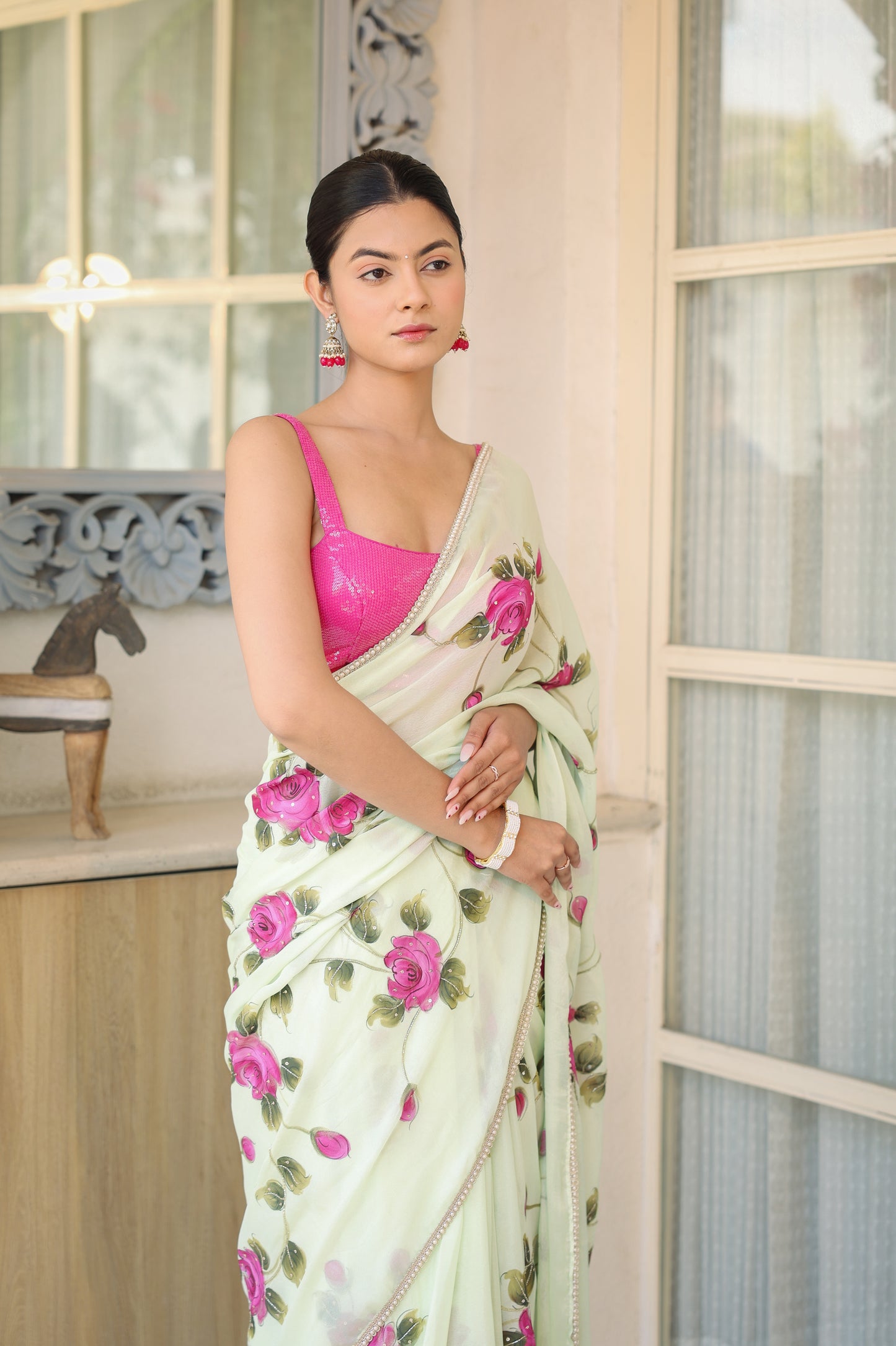 Hand-painted Light Green Floral Crepe Saree