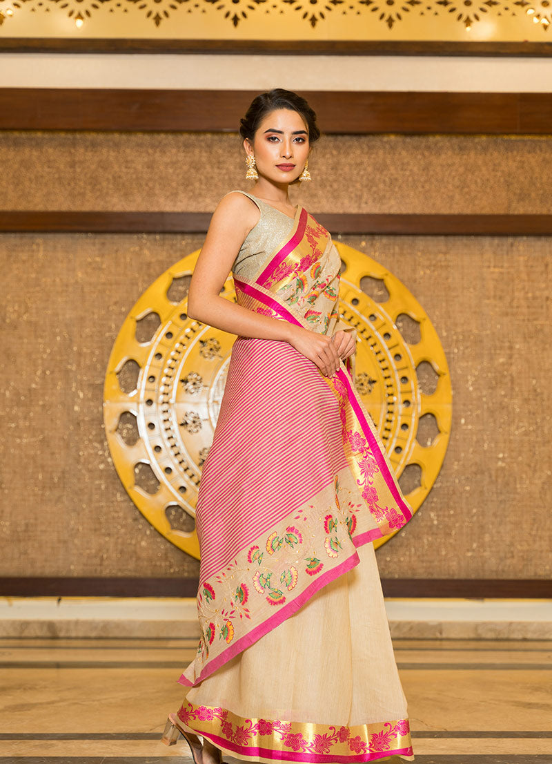 Hand-Painted Beige and Rani Pink Handloom Silk Voile Saree