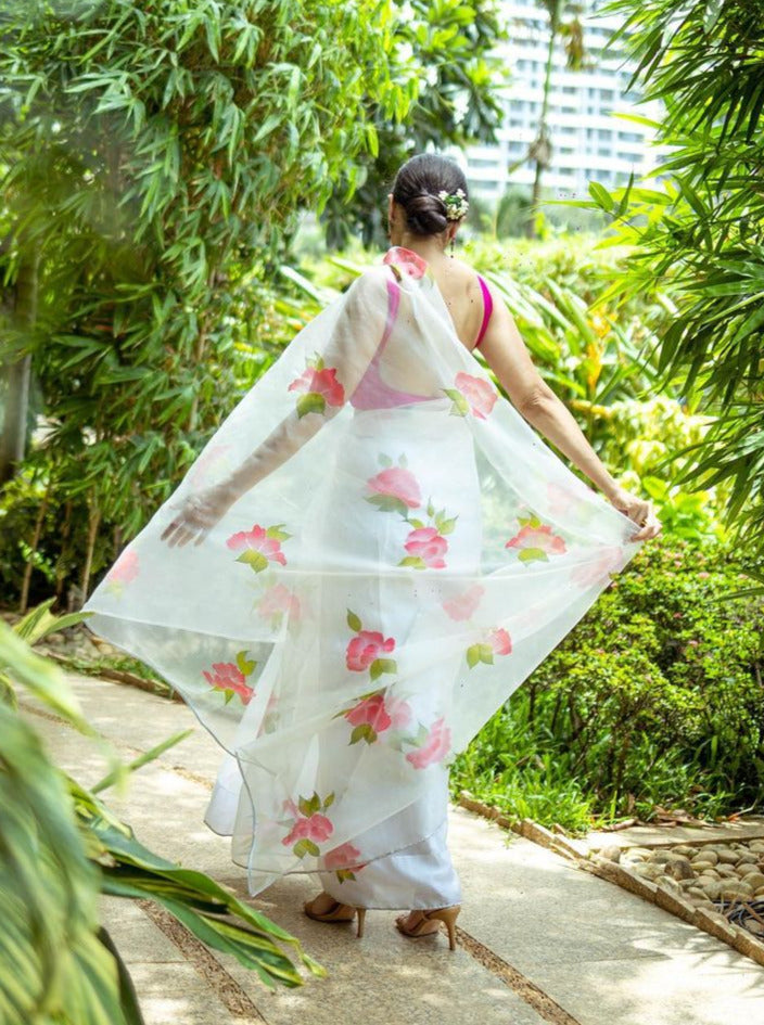 Hand-Painted White Silk Organza Saree
