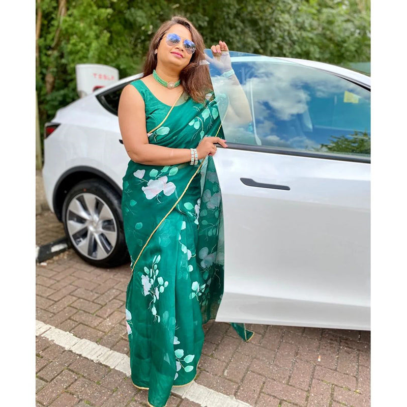 Hand-Painted Emerald Green Floral Silk Organza Saree